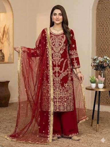 LG 2086 MAROON GEORGETTE HEAVY EMBROIDERED DESIGNER WEDDING WEAR LADIES SUIT