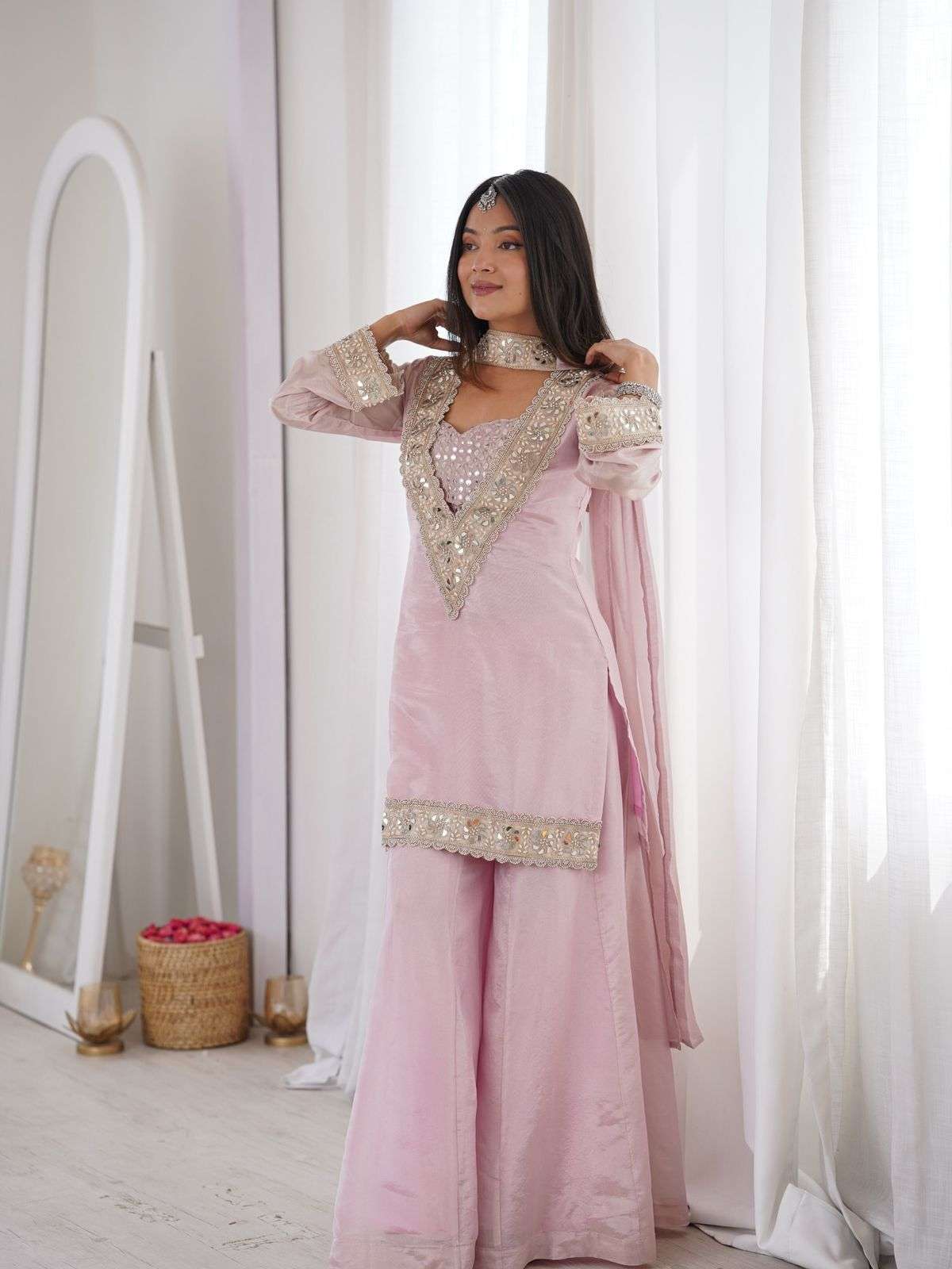 LG 2096 GEORGETTE SEQUENCE DESIGNER PARTY WEAR BLOUSE TOP PLAZZO WITH DUPATTA SET