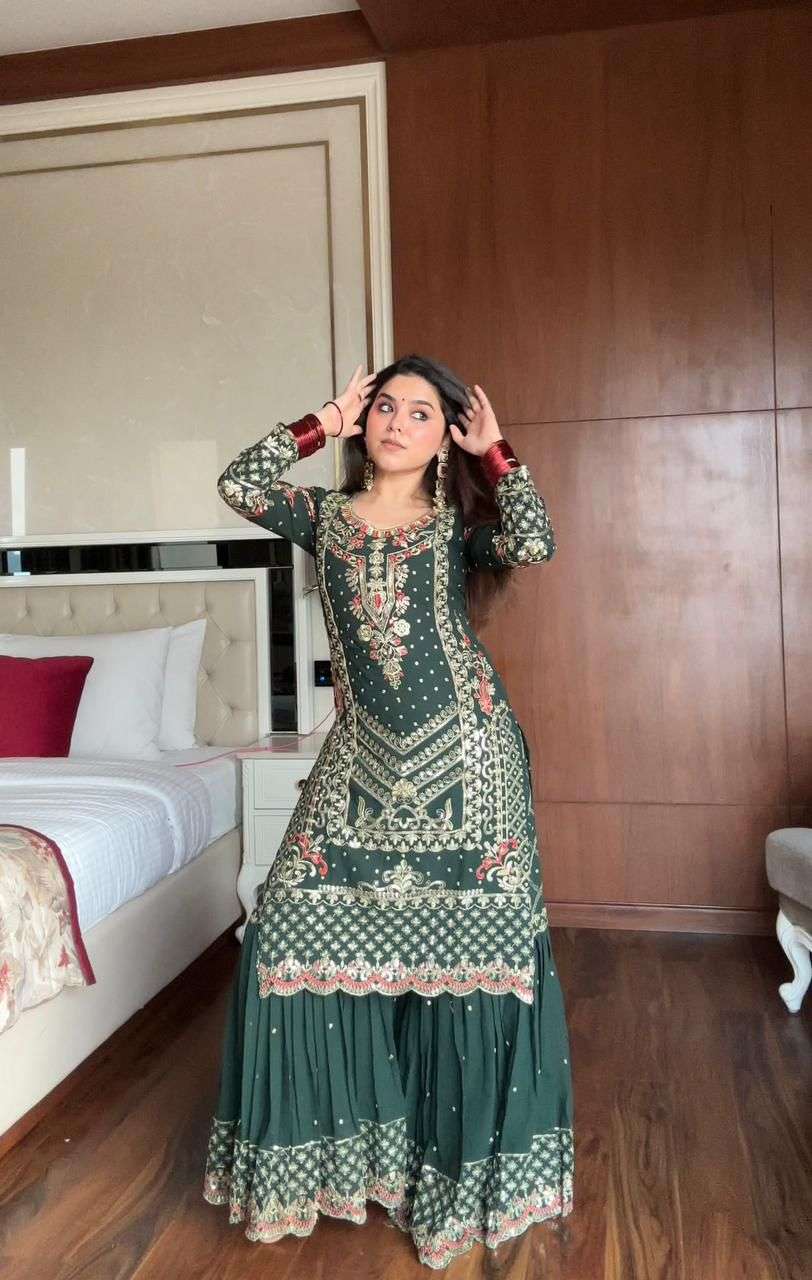 LM 01 GEORGETTE HEAVY EMBROIDERED DESIGNER PARTY WEAR SHARARA SUIT