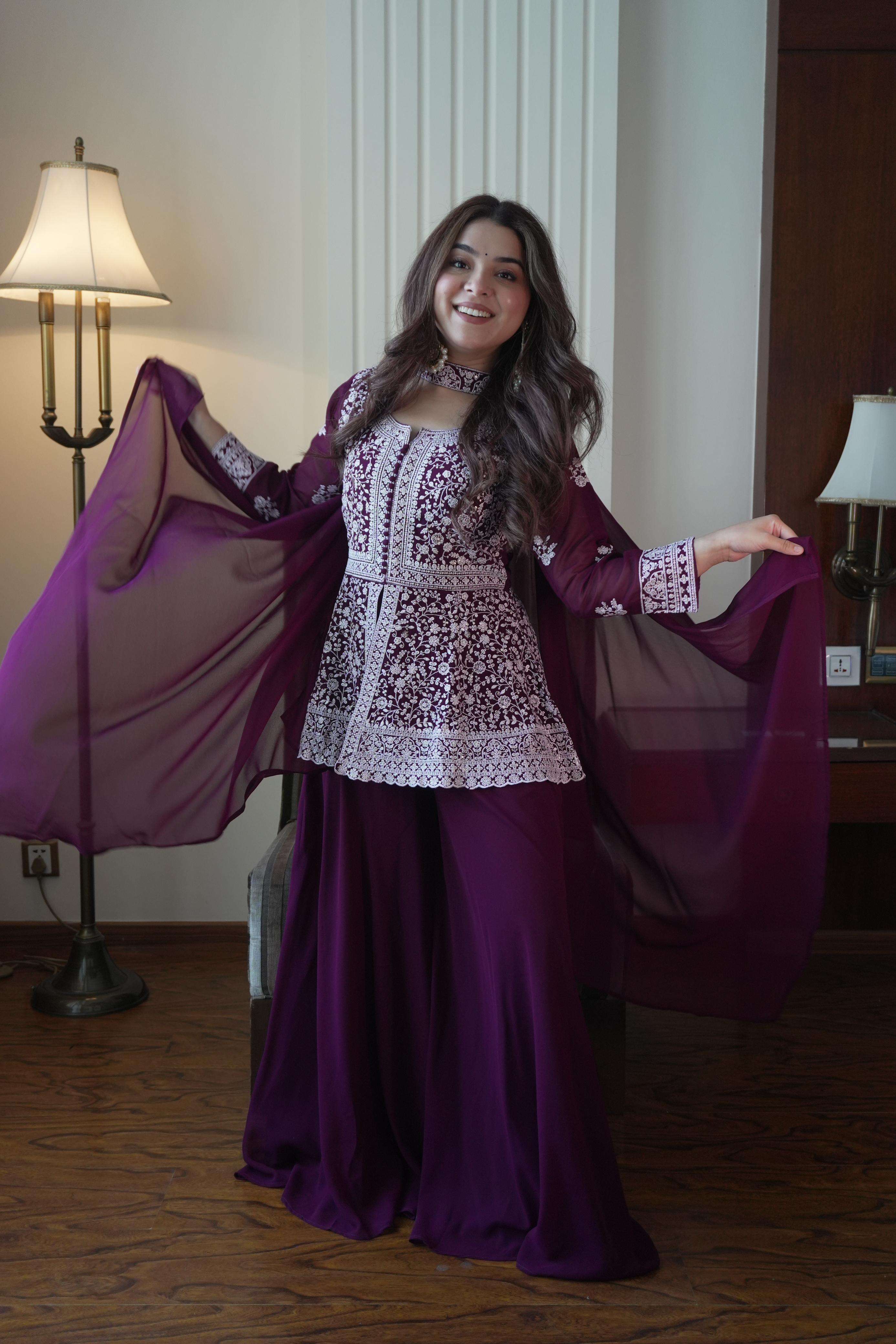 LM 14 GEORGETTE HEAVY DESIGNER PEPLUM TOP PLAZZO AND DUPATTA