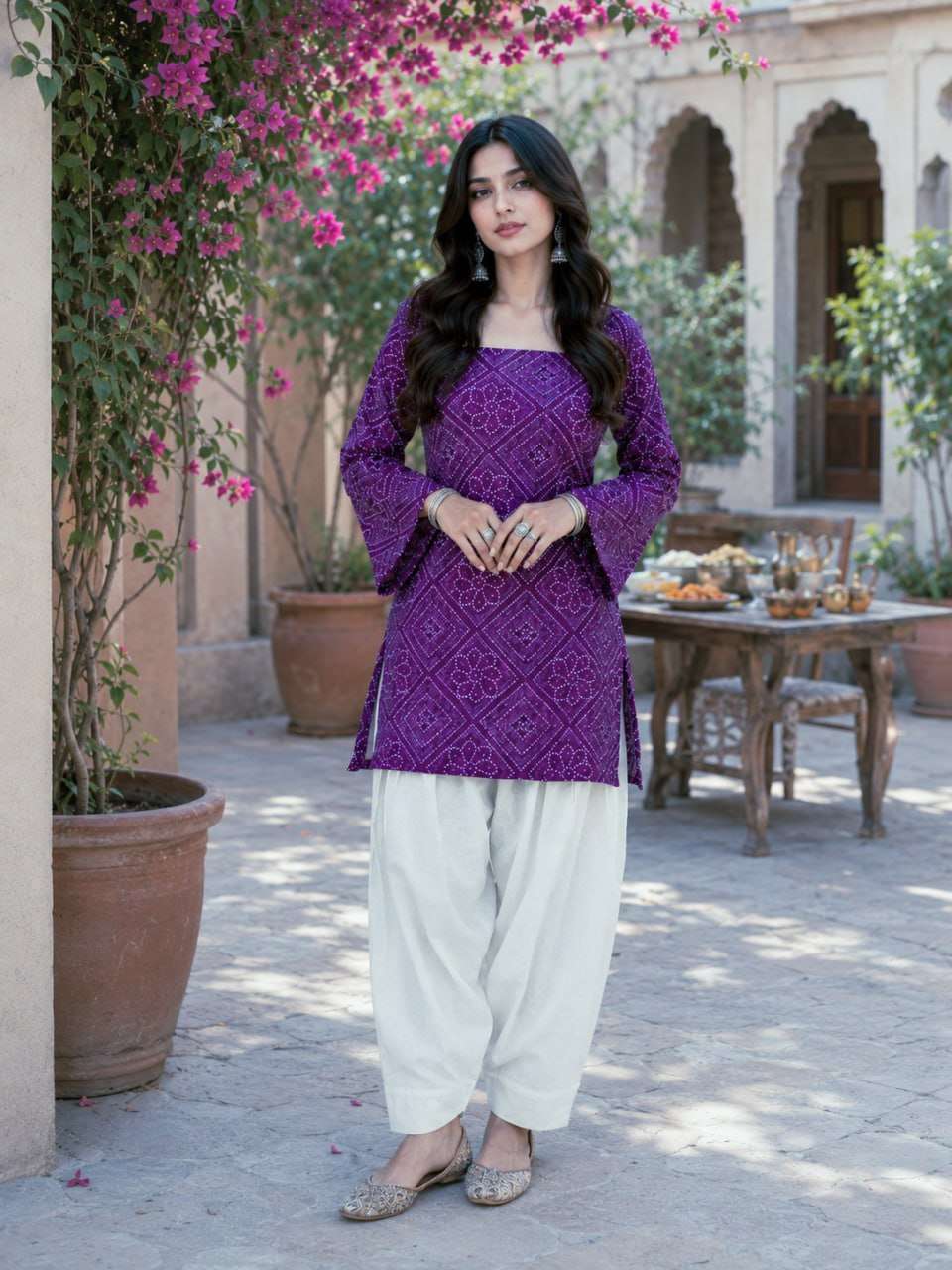LW 9340 COTTON BANDHANI PRINT TOP WITH PANT PAIR 