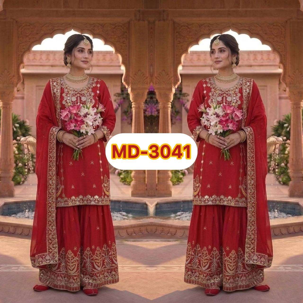 MD 3041 SILK HEAVY EMBROIDERD DESIGNER WEDDING WEAR LADIES SUIT