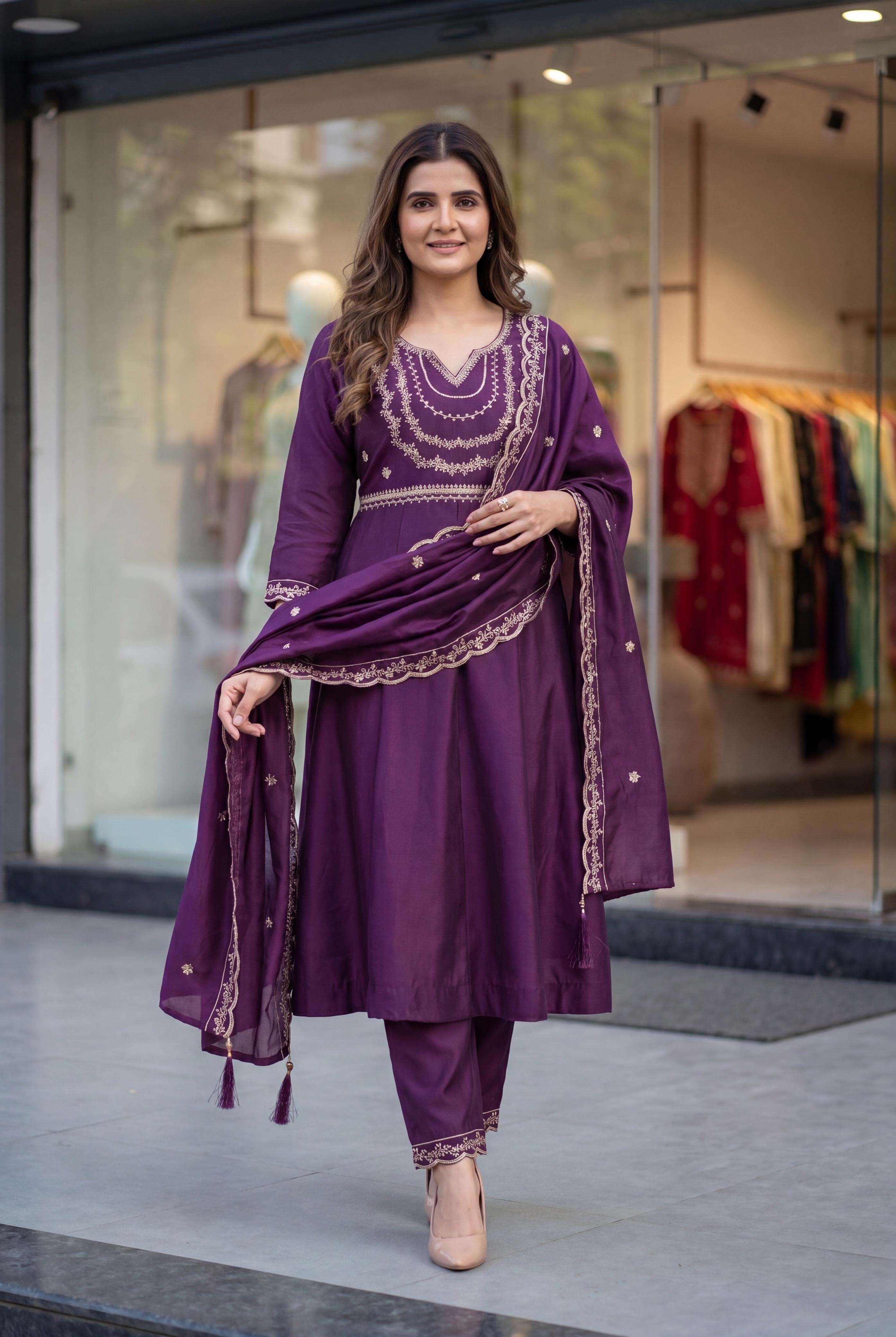 MF KRITI SILK DESIGNER WORK ANARKALI STYLE KURTI BOTTOM AND DUPATTA SET 
