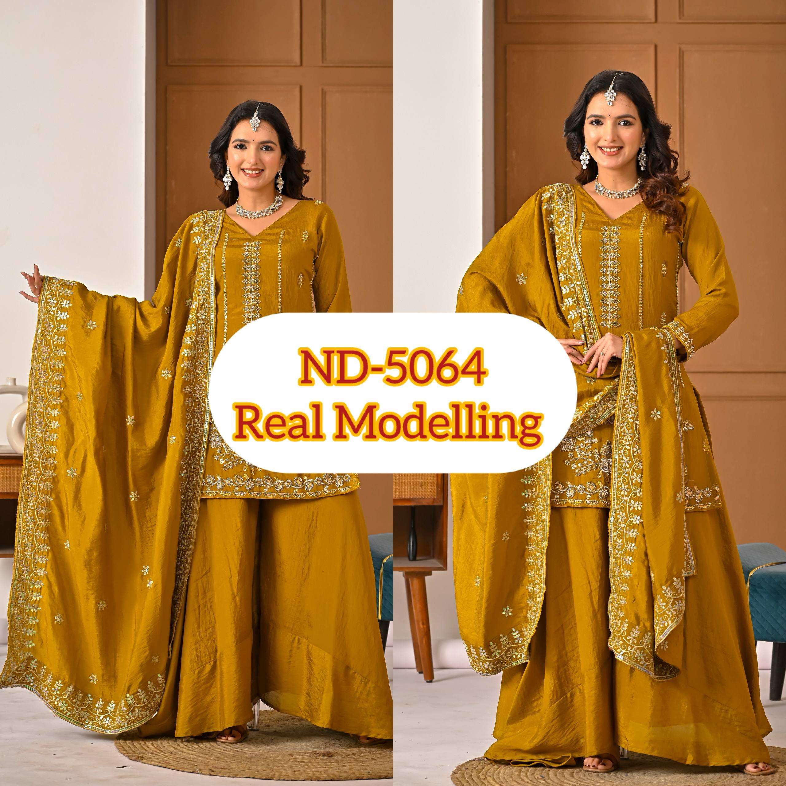 ND 5064 SILK DESIGNER PARTY WEAR LADIES TOP SHARARA PLAZZO AND DUPATTA SET 