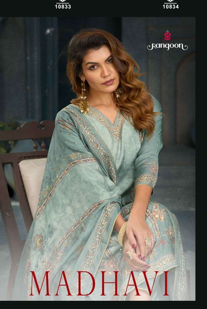 RANGOON MADHAVI MUSLIN DIGITAL PRINT WITH FANCY WORK LADIES 3PCS SET COLLECTION 