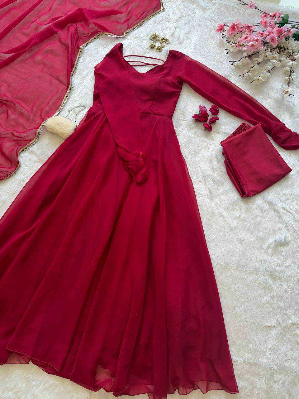 SC 335 GEORGETTE PREETY ANARKALI STYLE LADIES KURTI BOTTOM AND DUPATTA SET 