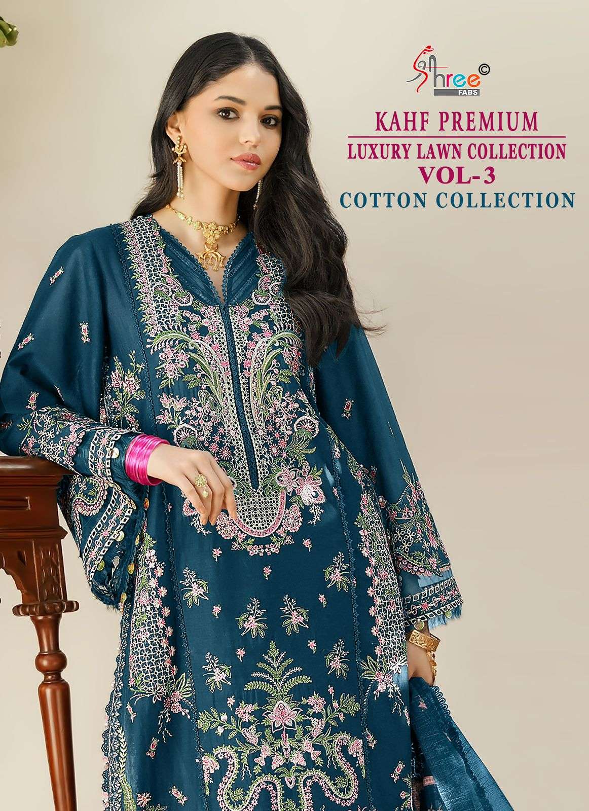 SHREE FABS KAHF PREMIUM EMBROIDERED COLLECTION VOL 3 COTTON EMBROIDERY DESIGNER SUIT