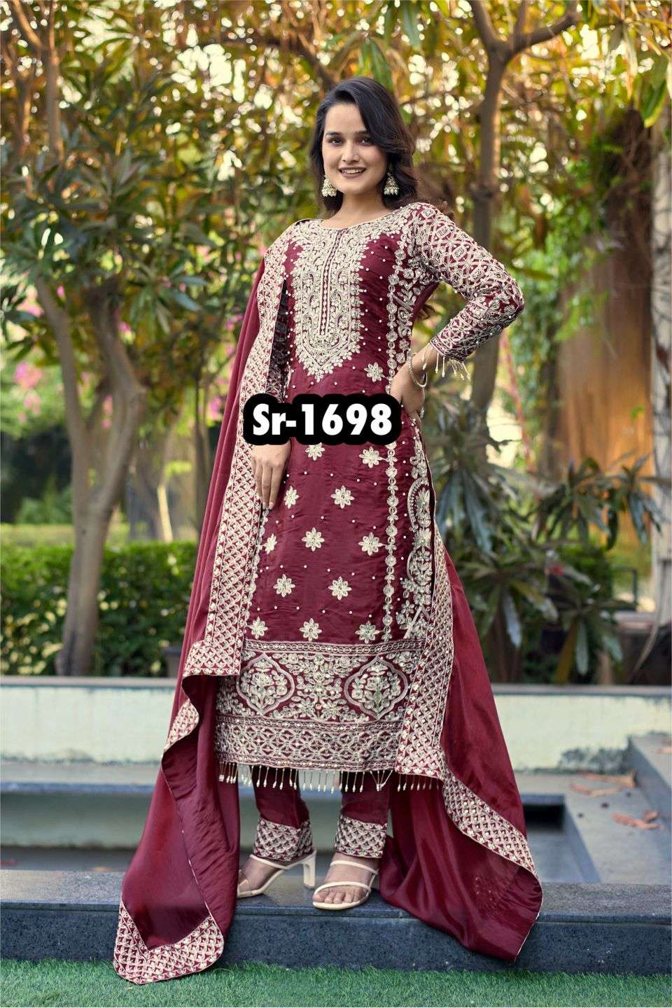 SR 1698 SILK HEAVY SEQUENCE EMBROIDERY DESIGNER FESTIVE WEAR LADIES SUIT