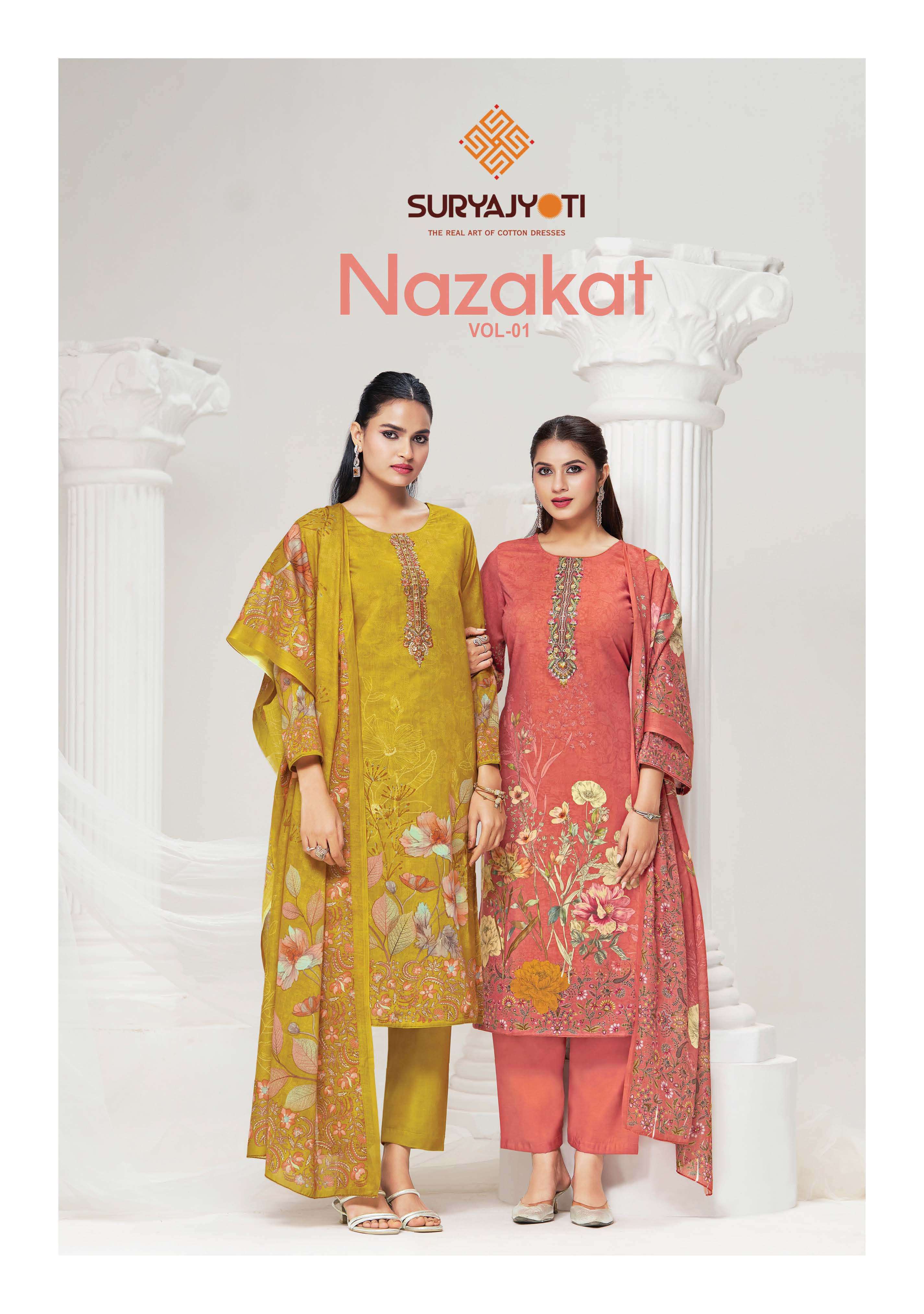 SURYAJYOTI NAZAKAT VOL 1 COTTON PRINT WITH FANCY WORK SUIT
