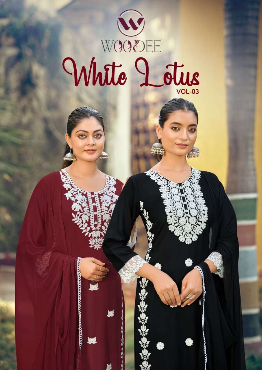 WOODEE WHITE LOTUS VOL 3 RAYON FANCY EMBROIDERIES WORK LADIES 3PIECE SET COLLECTION 