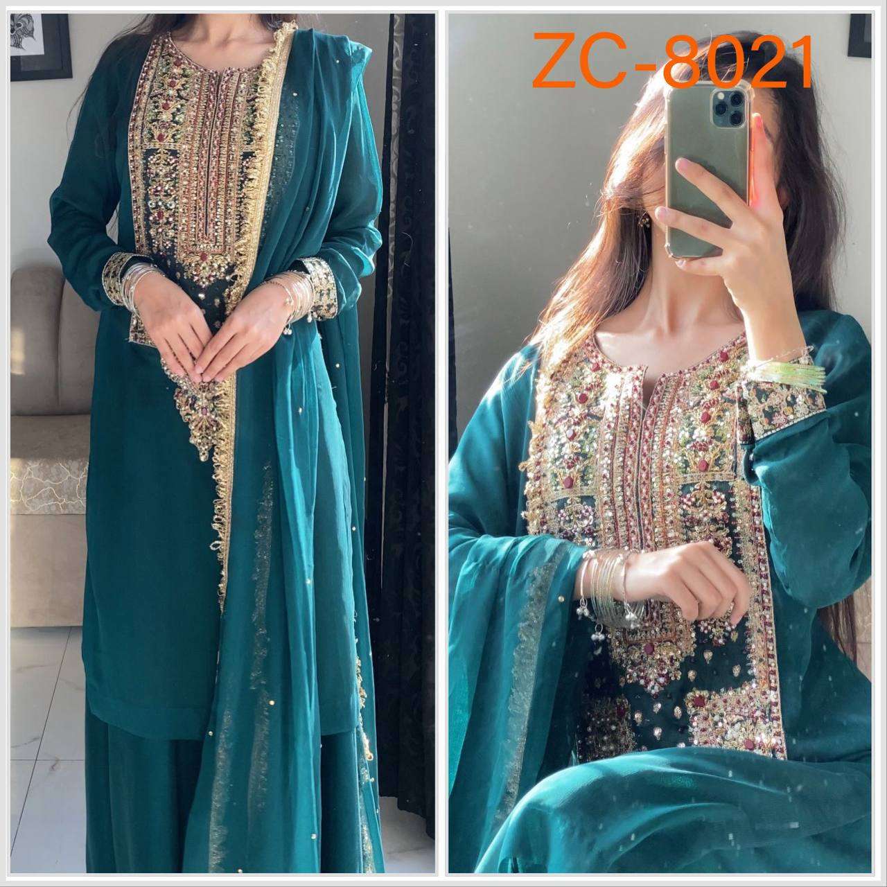 ZC 8021 GEORGETTE DESIGNER PARTY WEAR LADIES TOP PLAZZO AND DUPATTA SET 