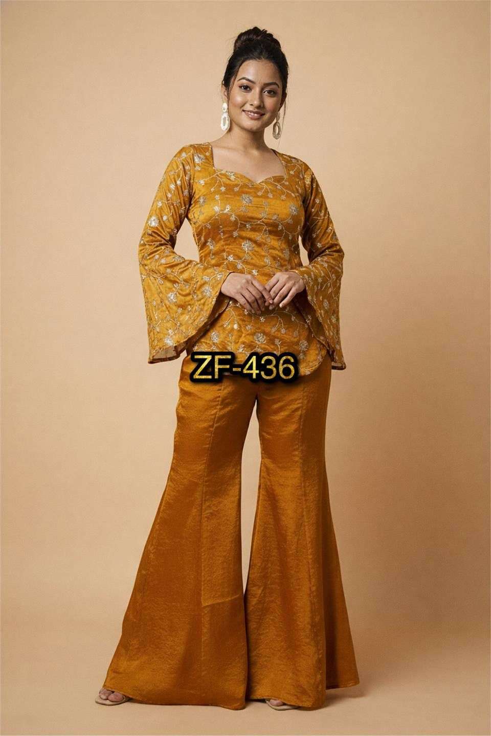 ZF 436 EMBROIDERY DESIGNER WORK PARTY WEAR LADIES TOP WITH BEL BOTTOM STYLE PLAZZO 