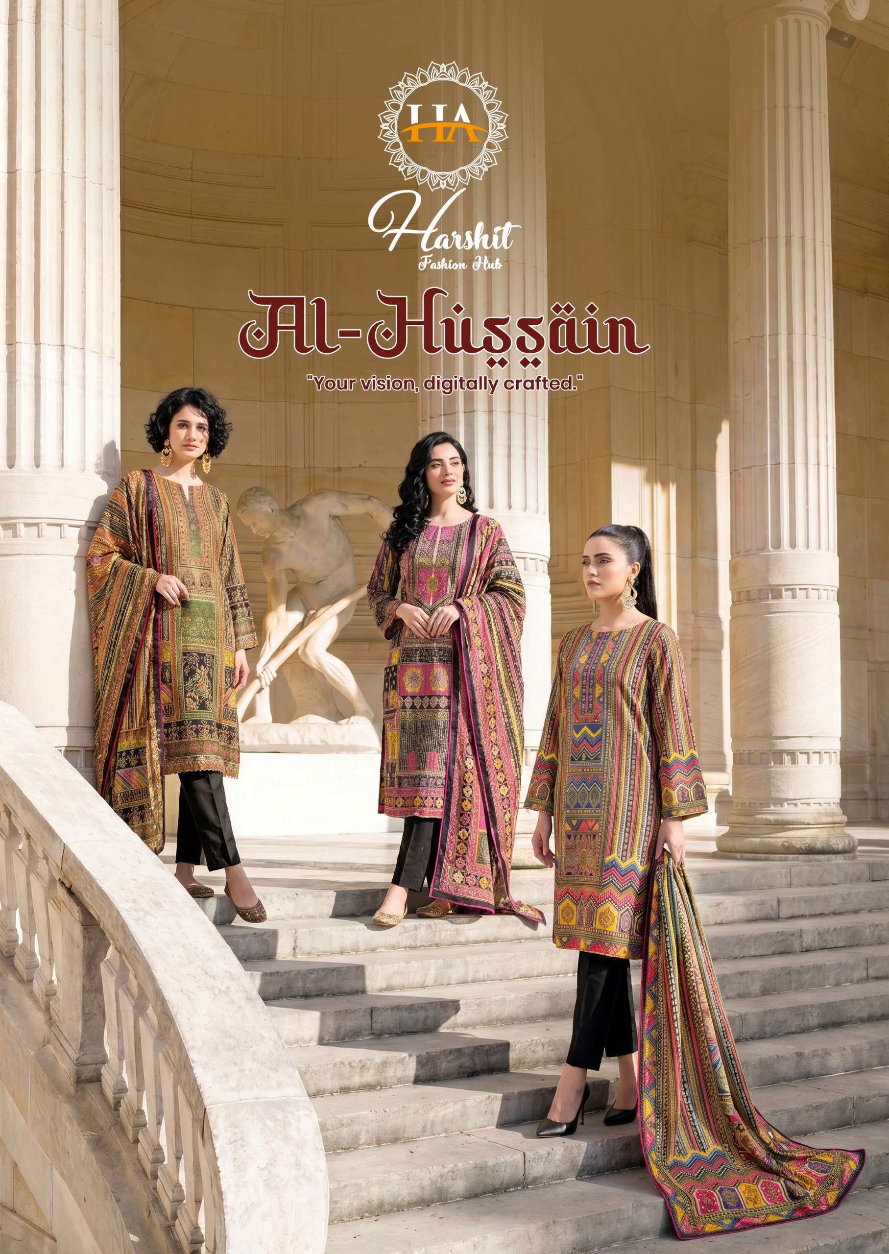HARSHIT FASHION HUB AL HUSSAIN JAM COTTON PRINT WITH FANCY WORK SUIT