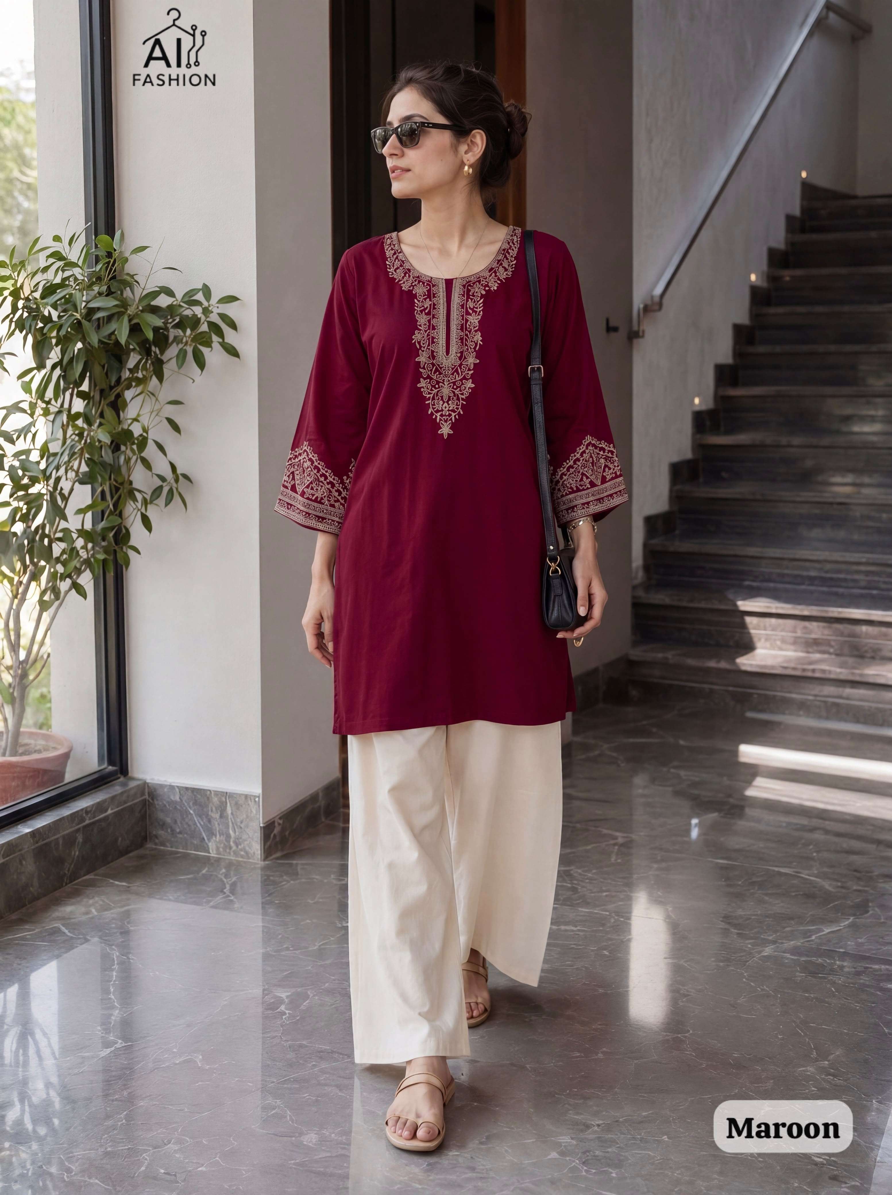 INLI BUNAAI RAYON FANCY WORKS LADIES SHORT KURTI WITH PLAZZO PAIR 