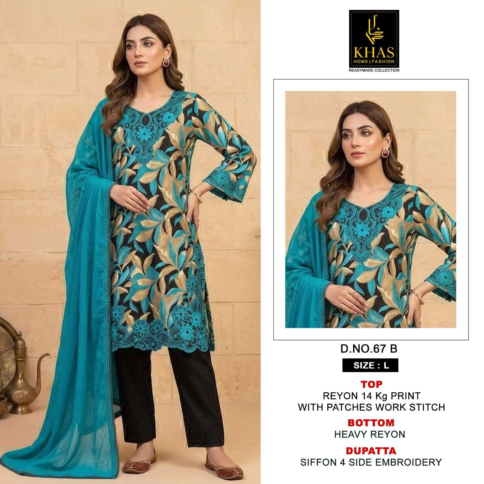 KHAS FASHION D NO 67 RAYON FANCY WORK READY MADE PAKISTANI SUIT