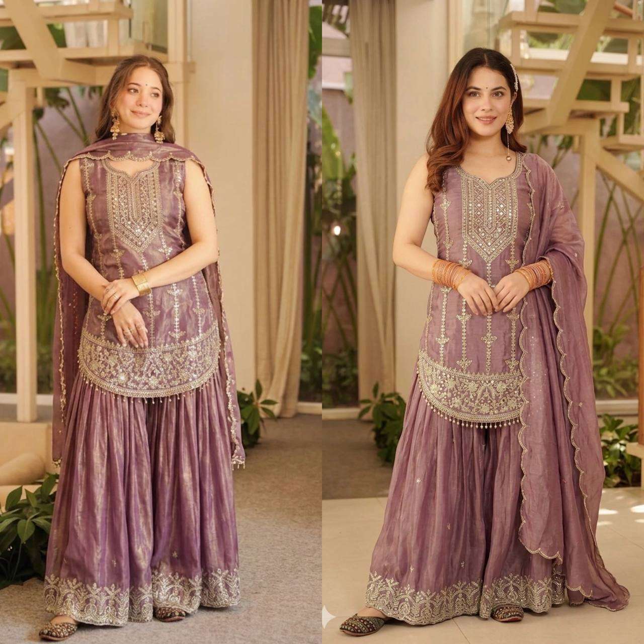 MD 3094 SILK HEAVY EMBROIDERD DESIGNER PARTY WEAR LADIES TOP SHARARA AND DUPATTA SET 