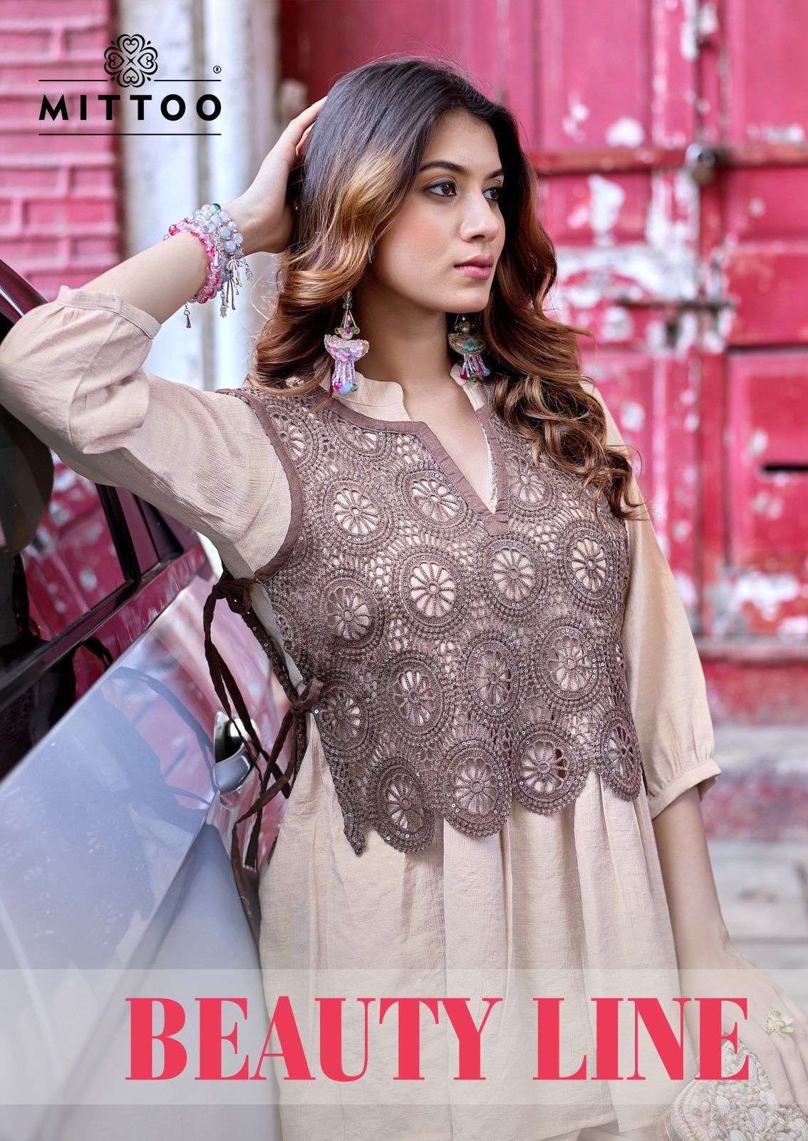 MITTOO BEAUTY LINE VISCOSE FANCY LOOKS TOP WITH KOTI AND BOTTOM SET