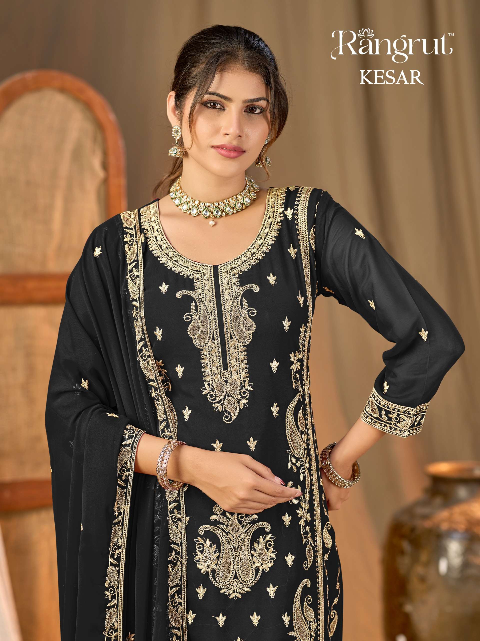 MUKESH  KESAR GEORGETTE HEAVY EMBROIDERED DESIGNER READY MADE SUIT