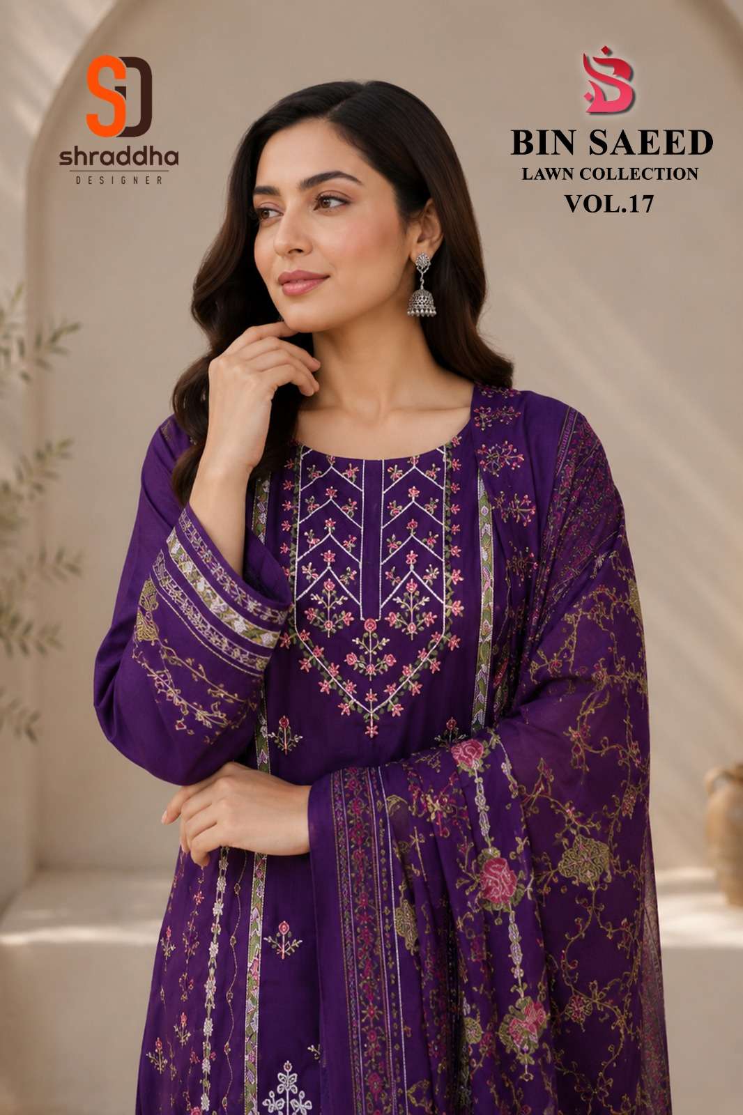 SHRADDHA DESIGNER BIN SAEED VOL 17 COTTON EMBROIDERY DESIGNER WORK PAKISTANI SUIT