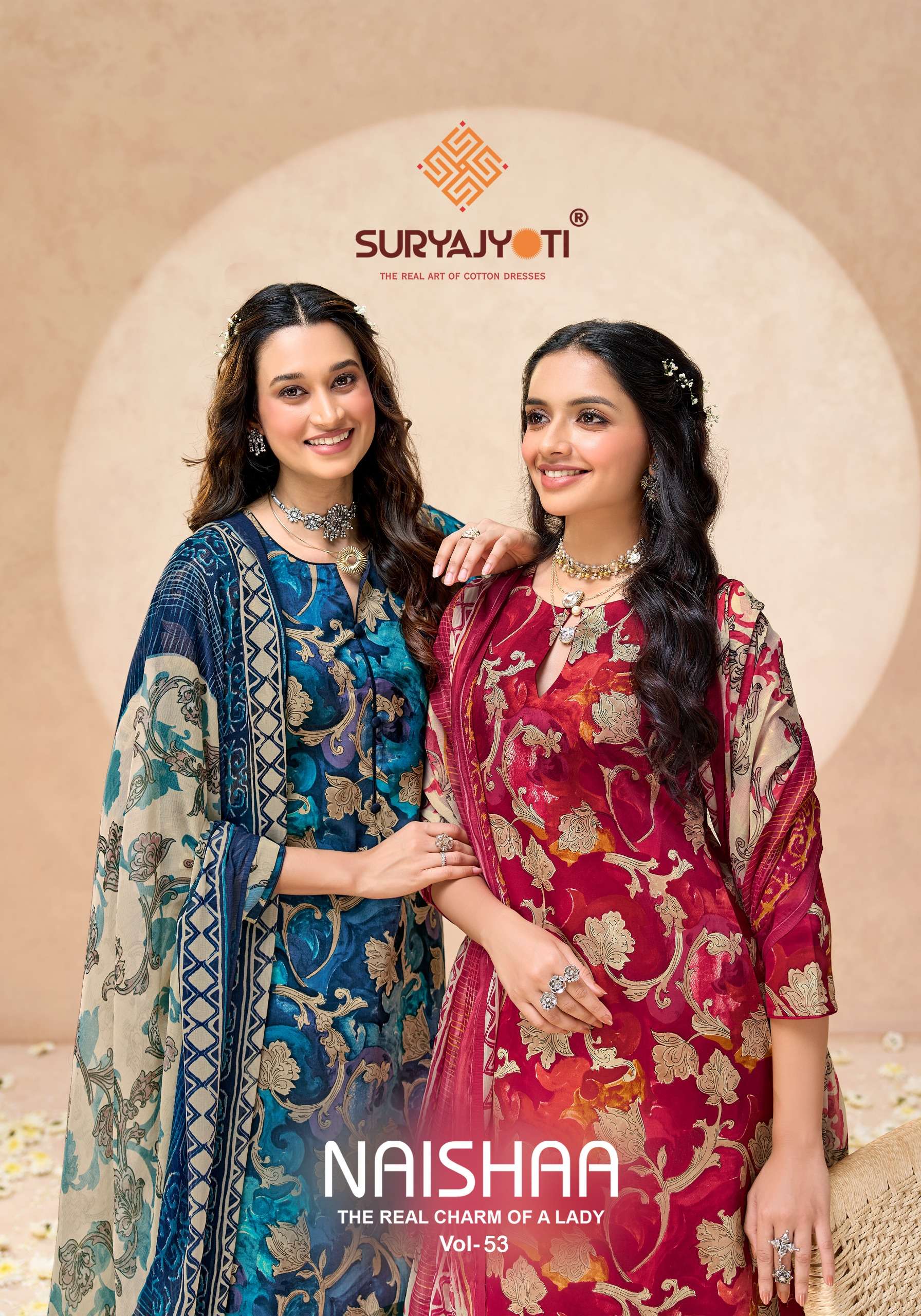 SURYAJYOTI NAISHAA VOL 53 JAM SATIN PRINT WITH FANCY WORK SUIT