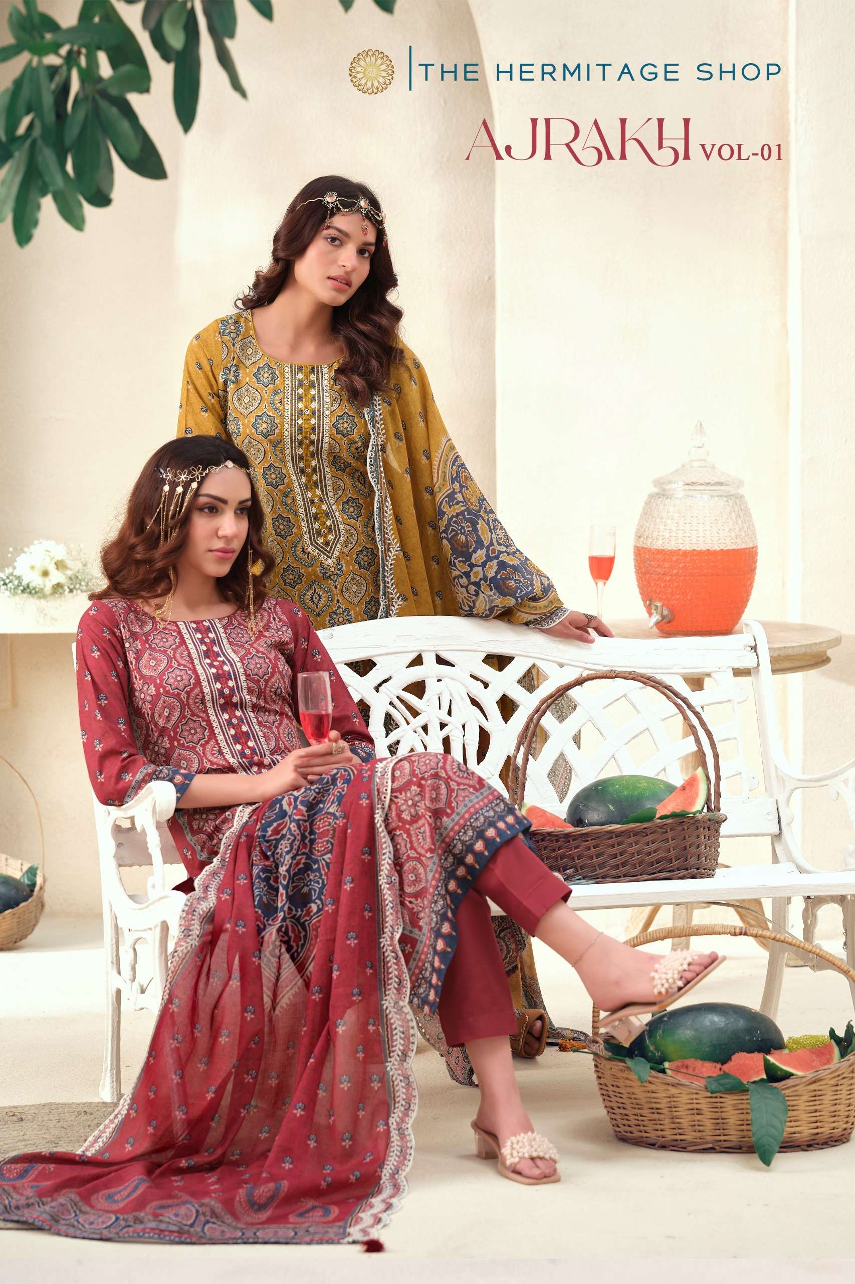 THE HERMITAGE SHOP AJRAKH VOL 1 LAWN COTTON DIGITAL PRINT WITH FANCY WORK SUIT