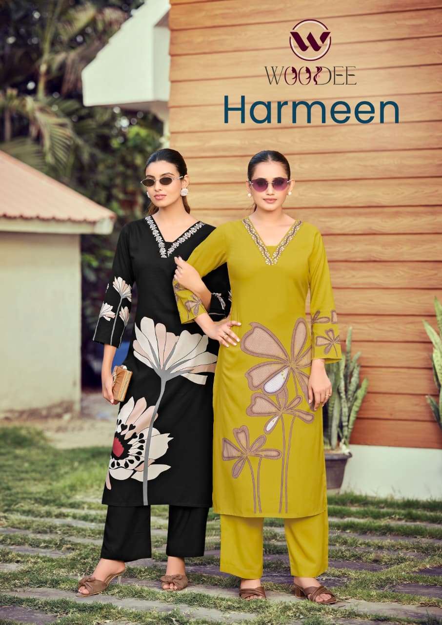 WOODEE HARMEEN RAYON PRINT WITH FANCY WORKS LADIES KURTI WITH BOTTOM PAIR 