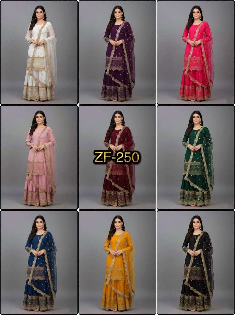 ZF 250 EMBROIDERY DESIGNER LONG GOWN WITH SHARARA AND DUPATTA SET 