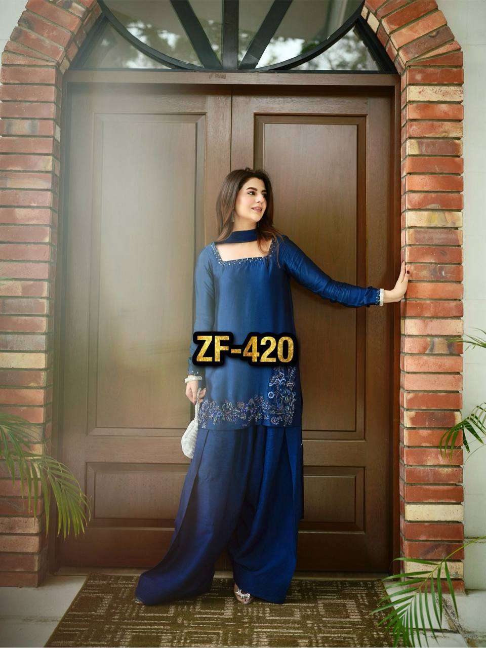 ZF 420 SILK SEQUENCE EMBROIDERY WORK TOP WITH FARSHI PANT AND DUPATTA SET