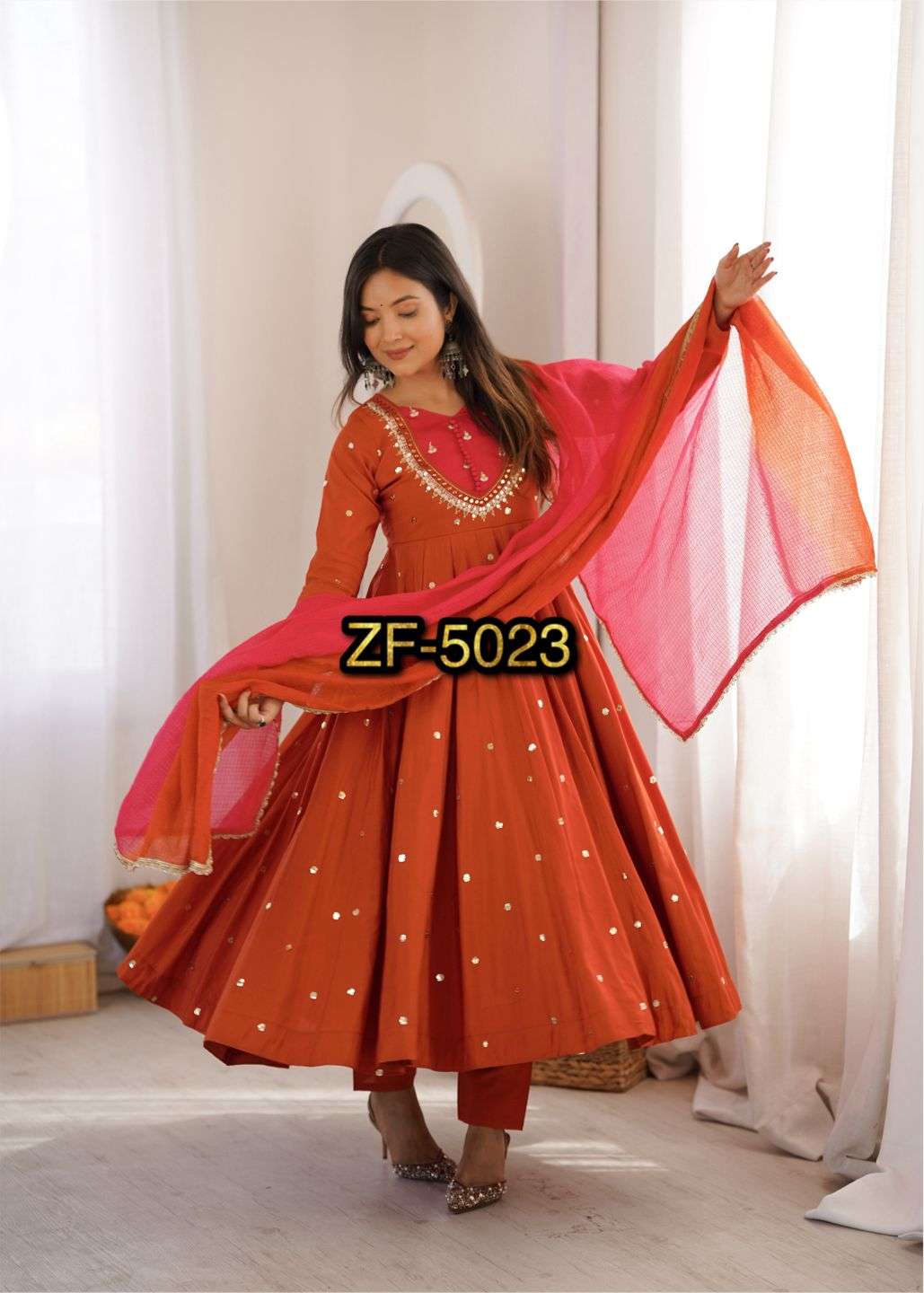 ZF 5023 SILK SEQUENCE EMBROIDERY DESIGNER WORK READY MADE ANARKALI GOWN STYLE SUIT