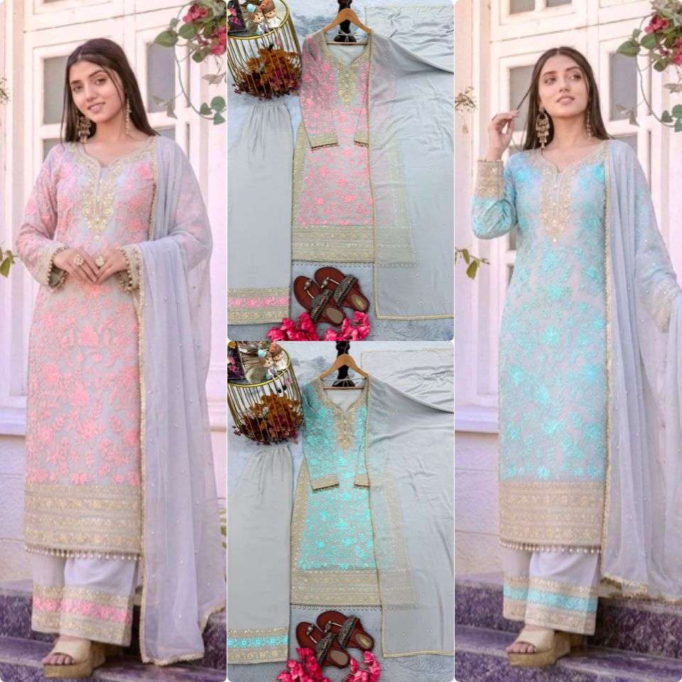 AD 234 FOX GEORGETTE DESIGNER PARTY WEAR LADIES TOP PLAZZO AND DUPATTA SET 