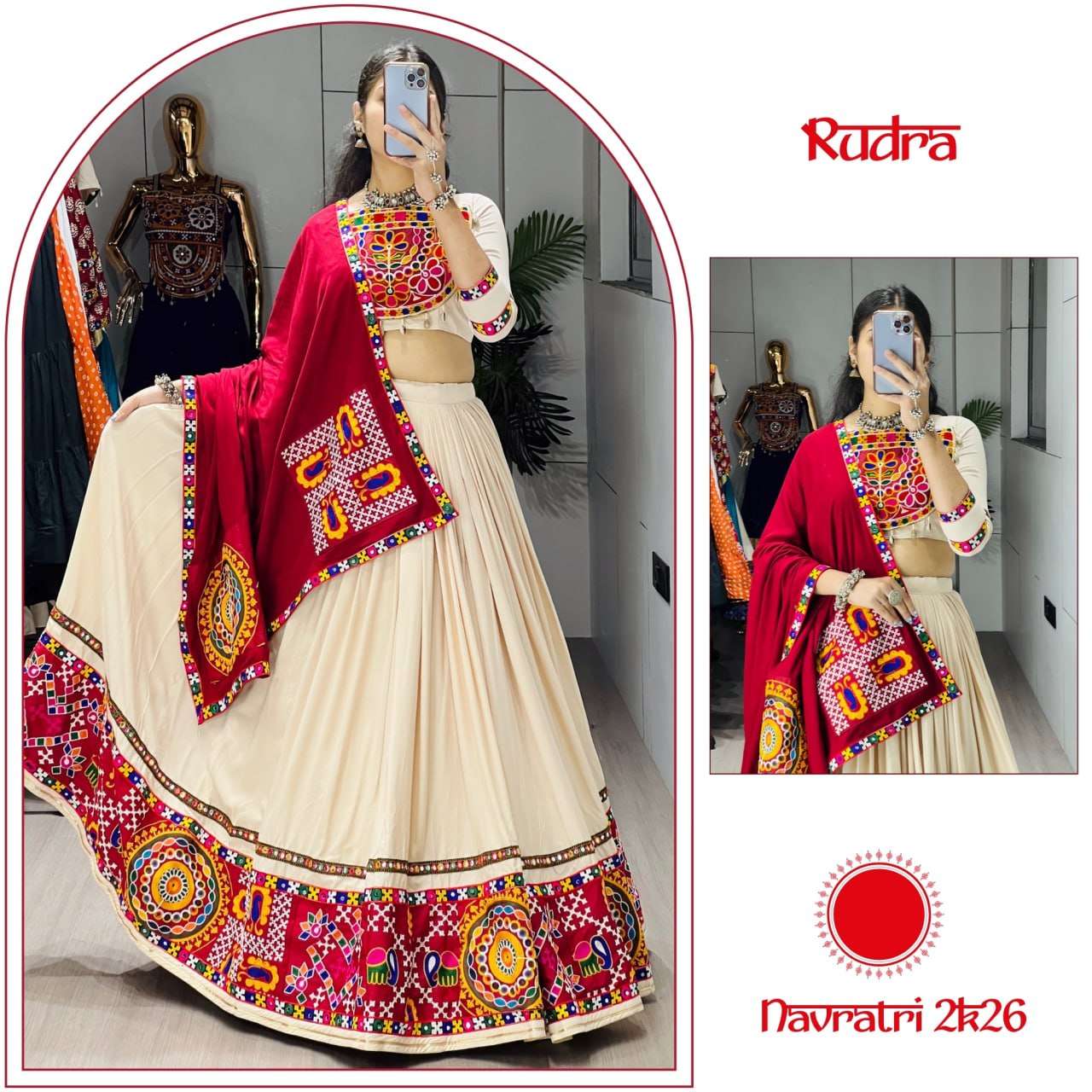 BANDHANI PALACE RUDRA COTTON GAMTHI MIRROR WORK NAVRATRI WEAR LEHENGA CHOLI 