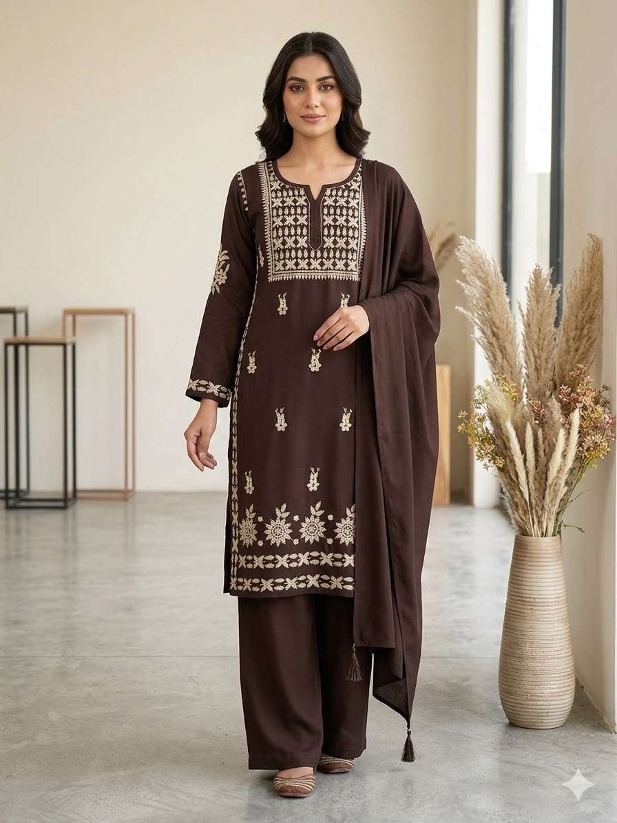 BE 478 RAYON CHIKANKARI EMBROIDERED WORKED TOP PLAZZO WITH DUPATTA SET 