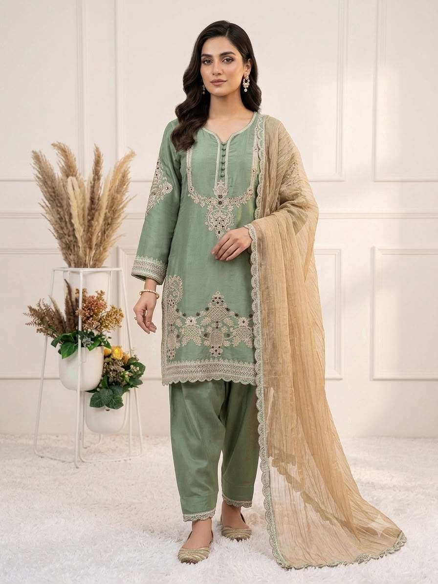 BE 482 SATIN EMBROIDERED WORKED TOP SALWAAR WITH DUPATTA SET