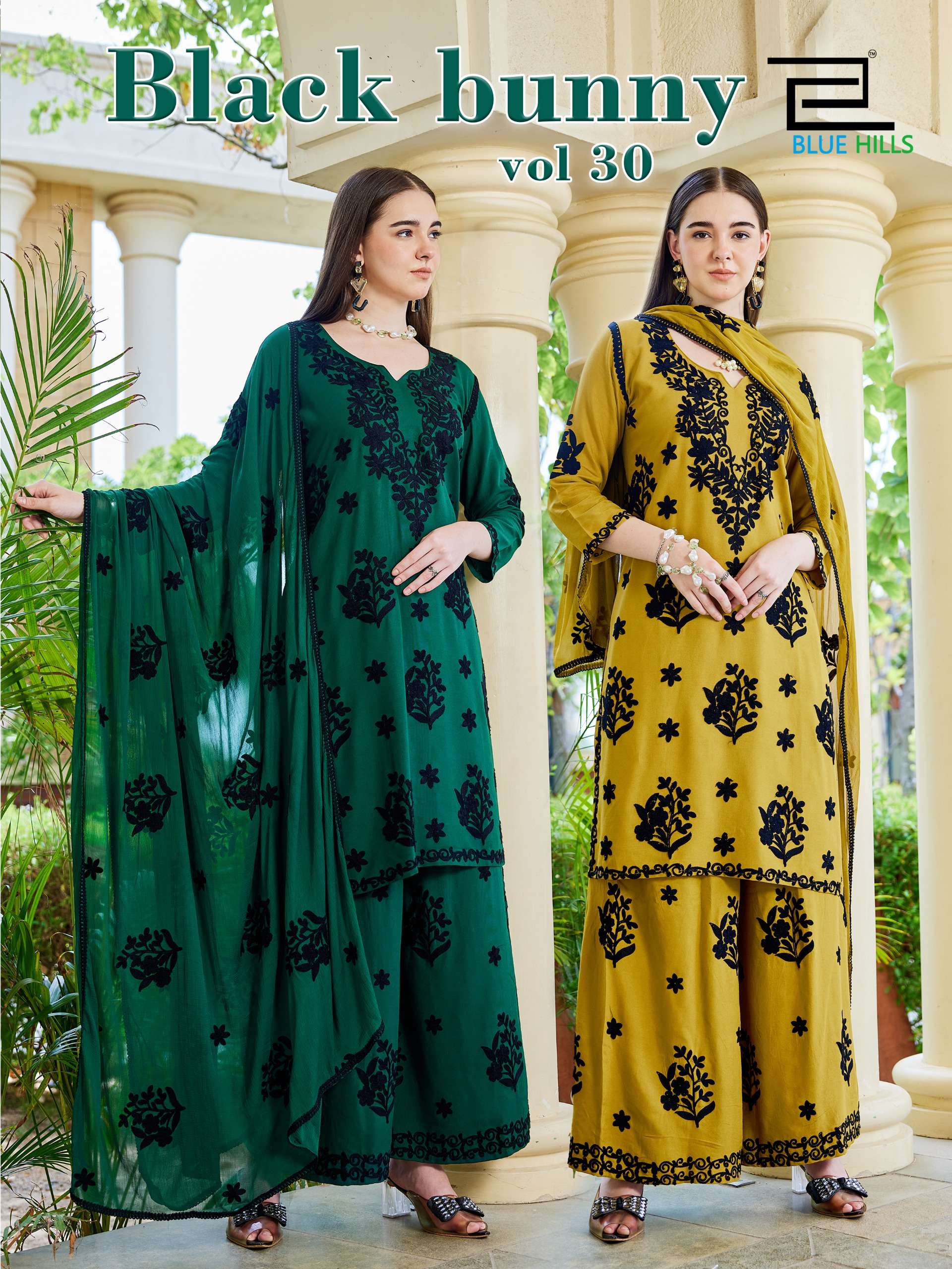 BLUE HILLS BLACK BUNNY VOL 30 RAYON FANCY WORKS LADIES KURTI BOTTOM AND DUPATTA SET 