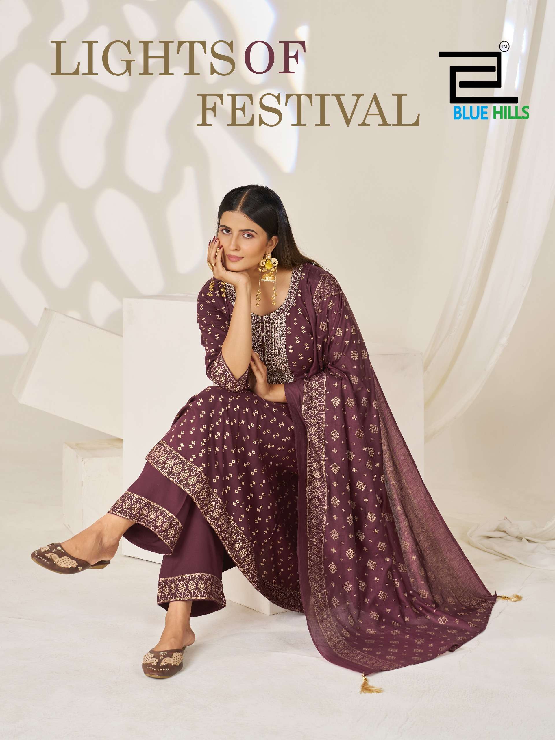 BLUE HILLS LIGHT OF FESTIVAL RAYON FANCY WORKS ANARKALI GOWN STYLE 3PCS SET COLLECTION 