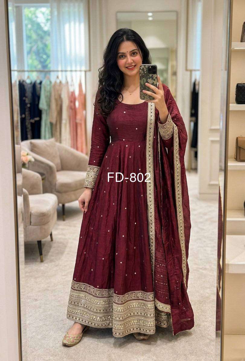 FD 802 SATIN SILK SEQUENCE EMBROIDERY DESIGNER WORK PARTY WEAR LADIES ANARKALI GOWN STYLE SUIT