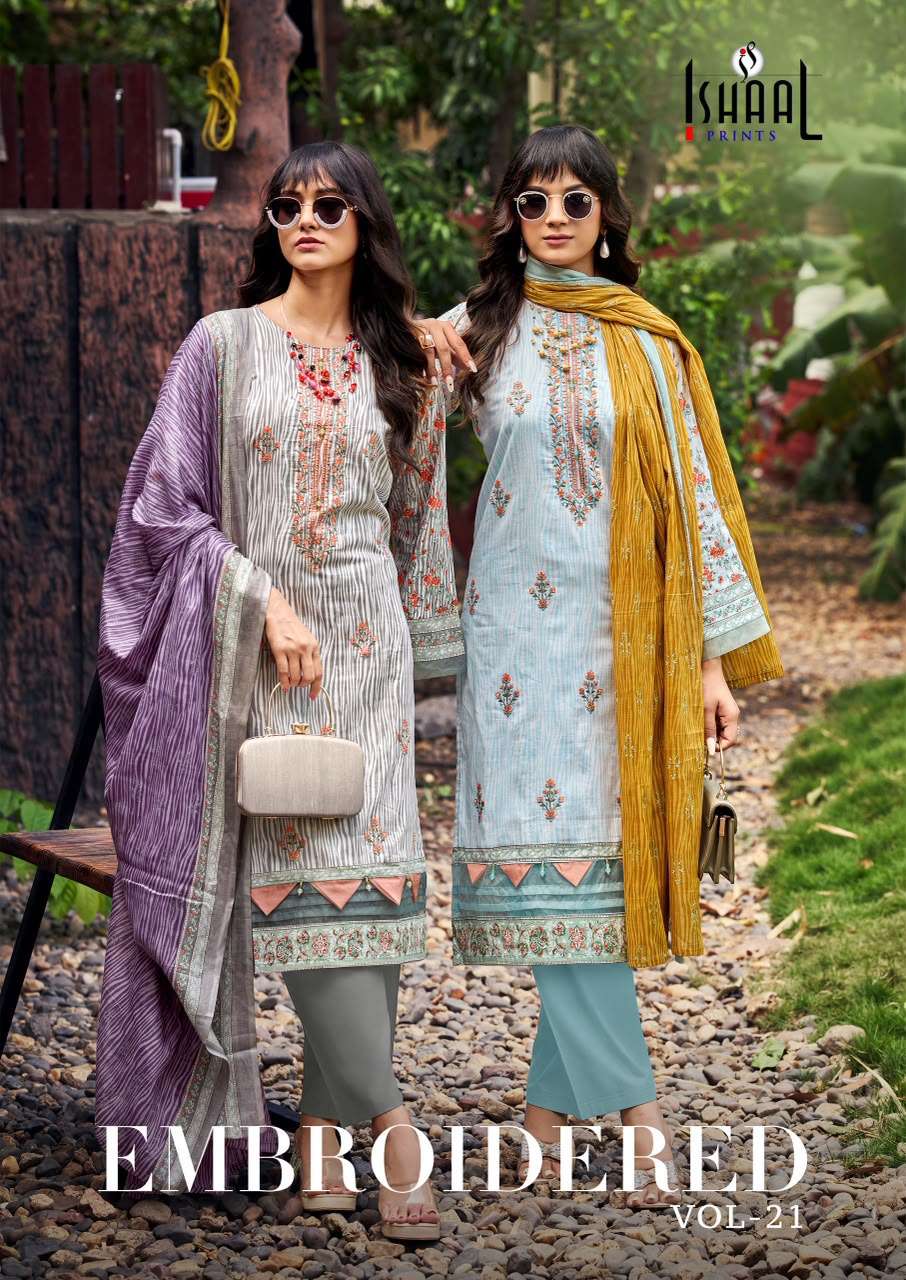 ISHAAL PRINTS EMBROIDERED VOL 21 LAWN COTTON DIGITAL PRINTS WITH FANCY WORK SUIT