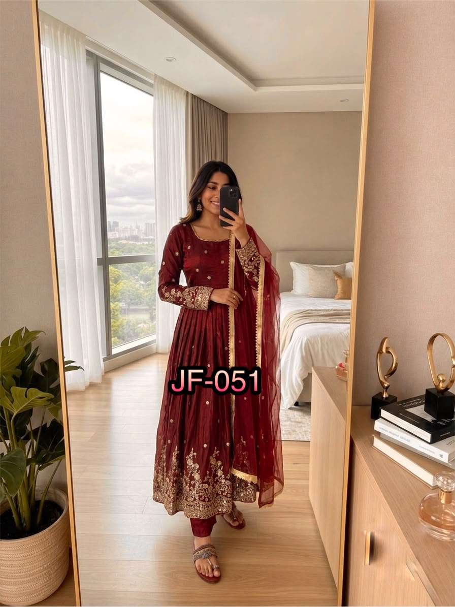 JF 051 MAROON SILK BEAUTIFUL DESIGNER LOOK PARTY WEAR ANARKALI GOWN STYLE SUIT