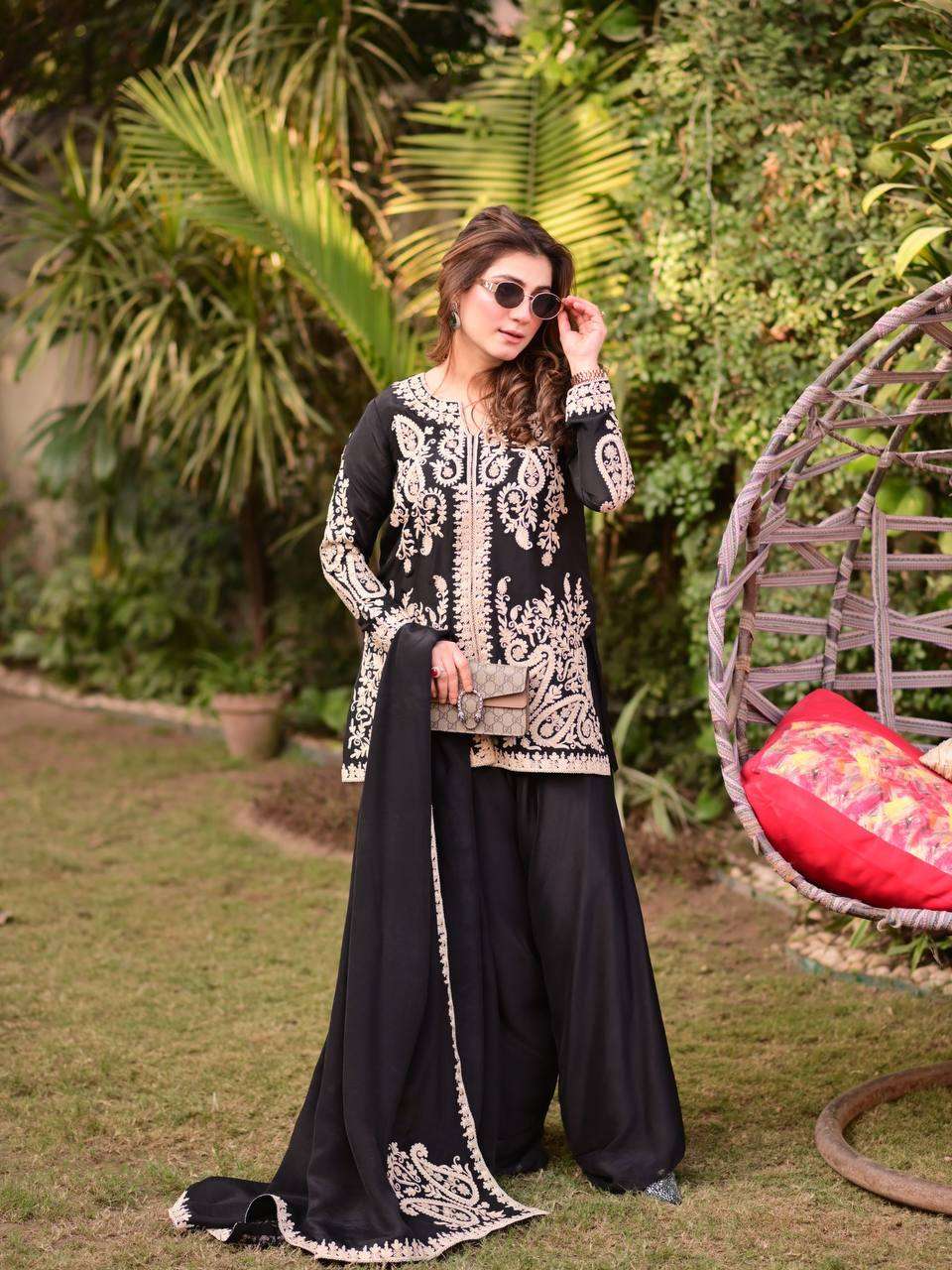 KD 1631 GEORGETTE HEAVY DESIGNER PARTY WEAR LADIES TOP PLAZZO AND DUPATTA SET 