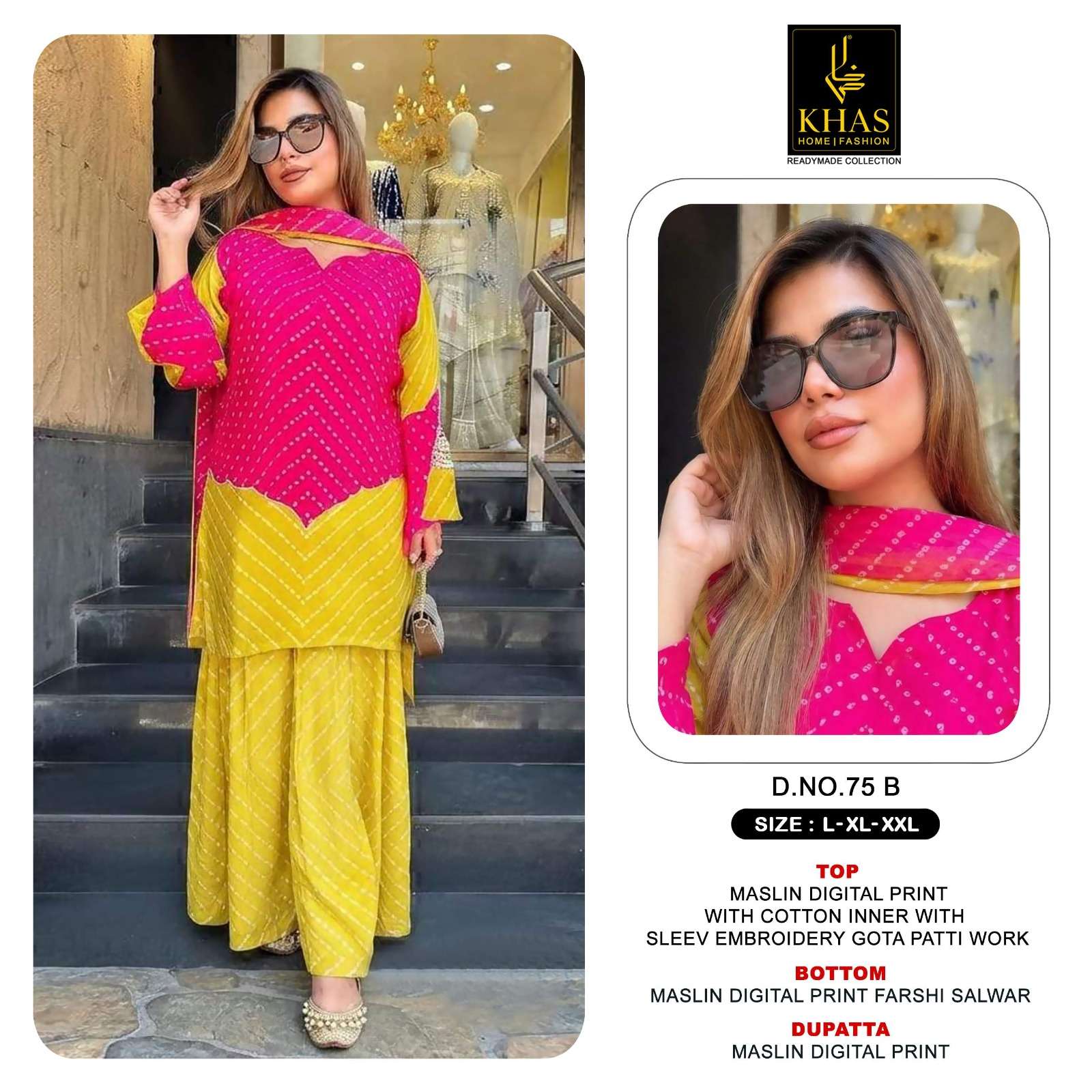 KHAS FASHION D NO 75 MUSLIN DIGITAL PRINT WITH FANCY DESIGNER WORK READY MADE SUIT