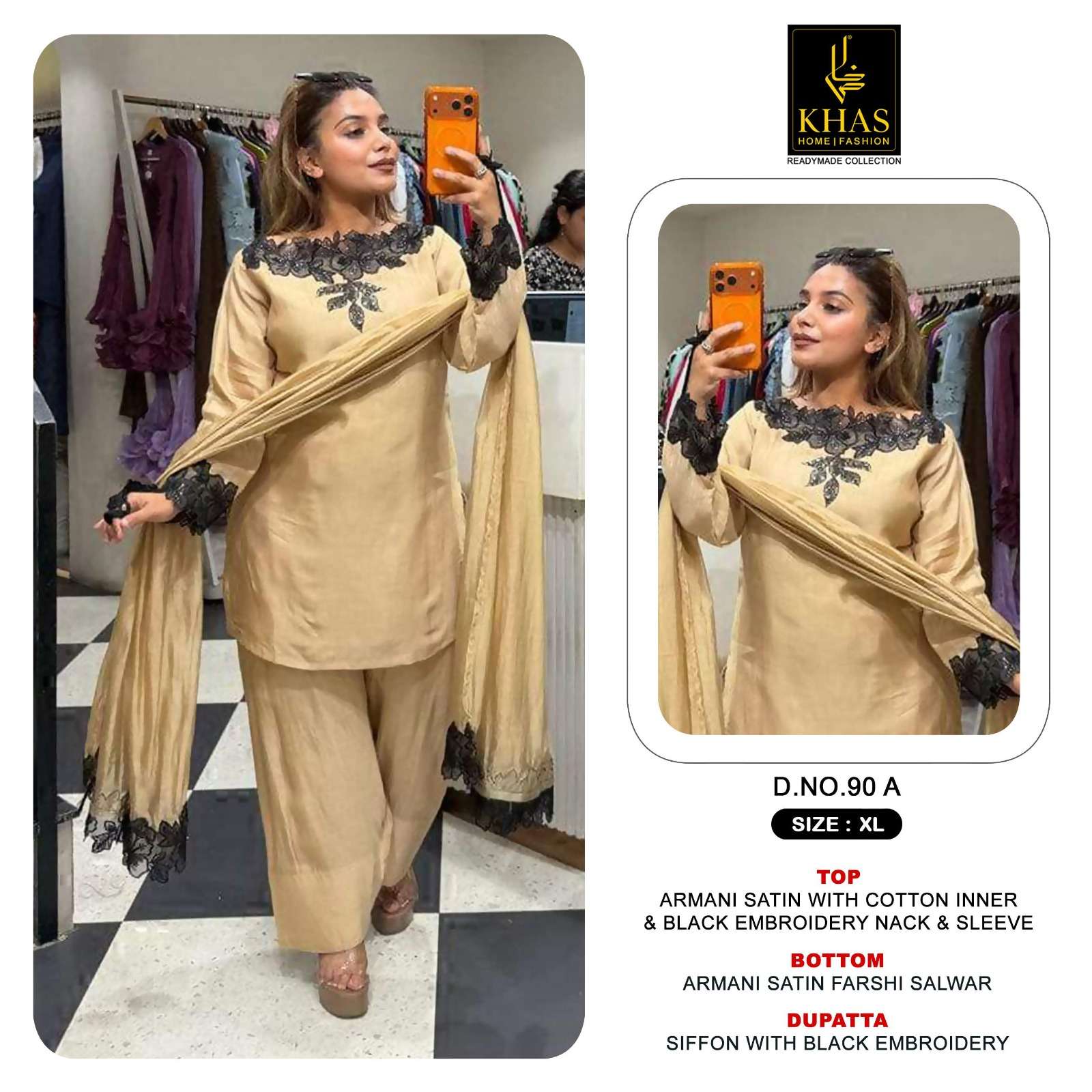 KHAS FASHION D NO 90 SATIN BEAUTIFUL DESIGNER LOOK READY MADE PAKISTANI SUIT