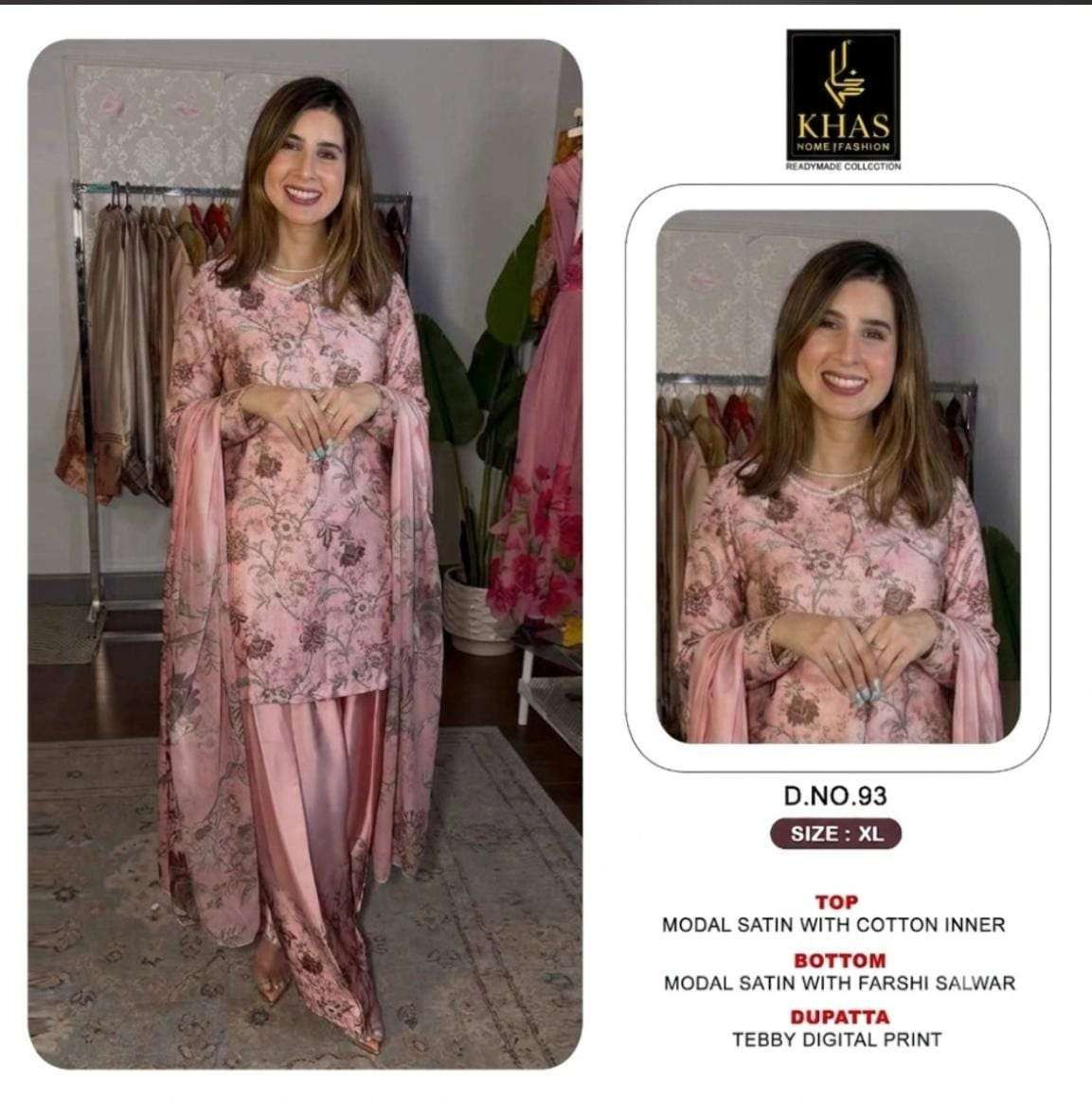 KHAS FASHION D NO 96  MODAL SATIN DESIGNER WORK READY MADE PAKISTANI SUIT