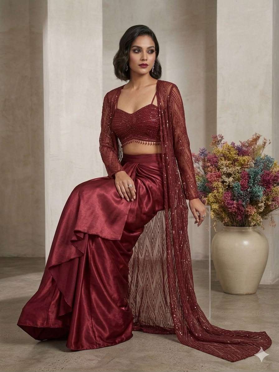 LM 21 PARTY WEAR INDO WESTERN STYLE BLOUSE SKIRT AND SHRUG SET