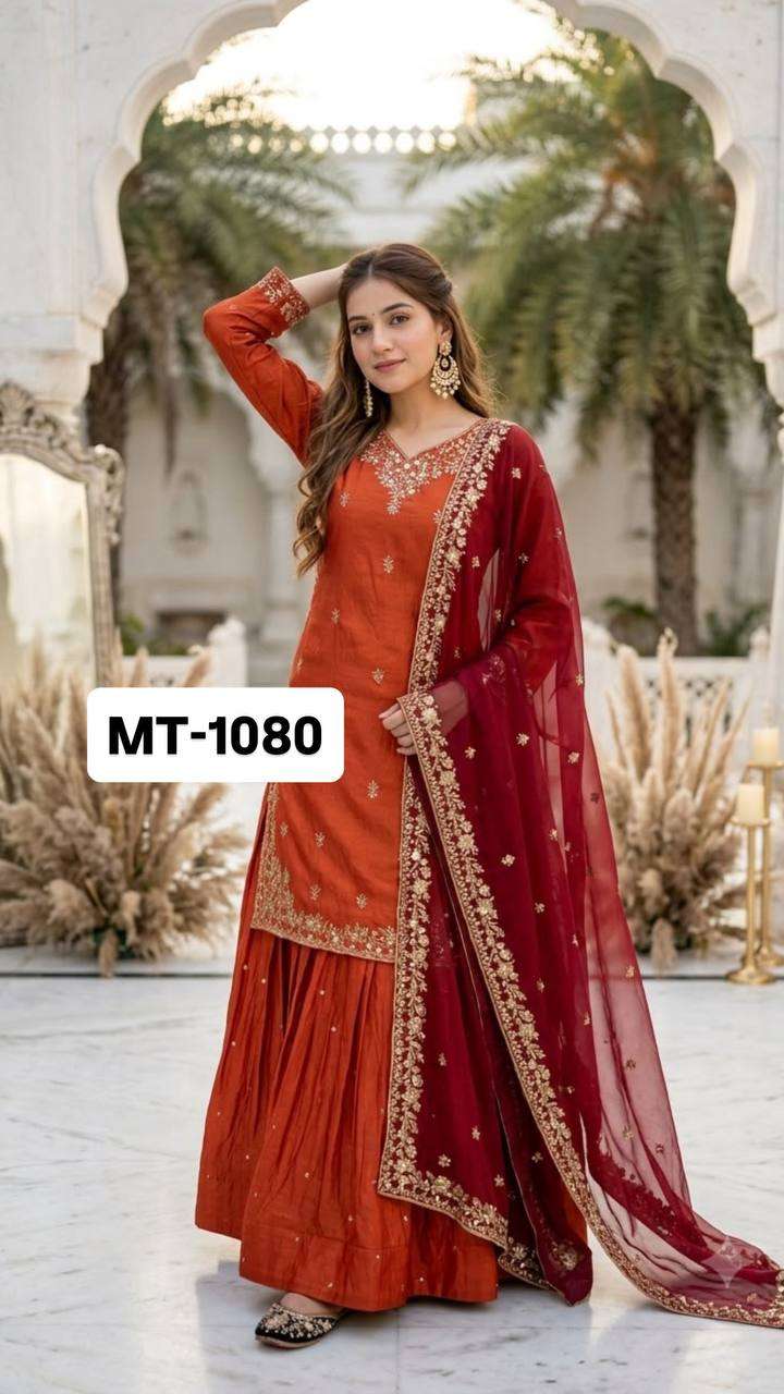 MT 1080 SILK HEAVY EMBROIDERY DESIGNER  TOP WITH LEHENGA AND DUPATTA SET 