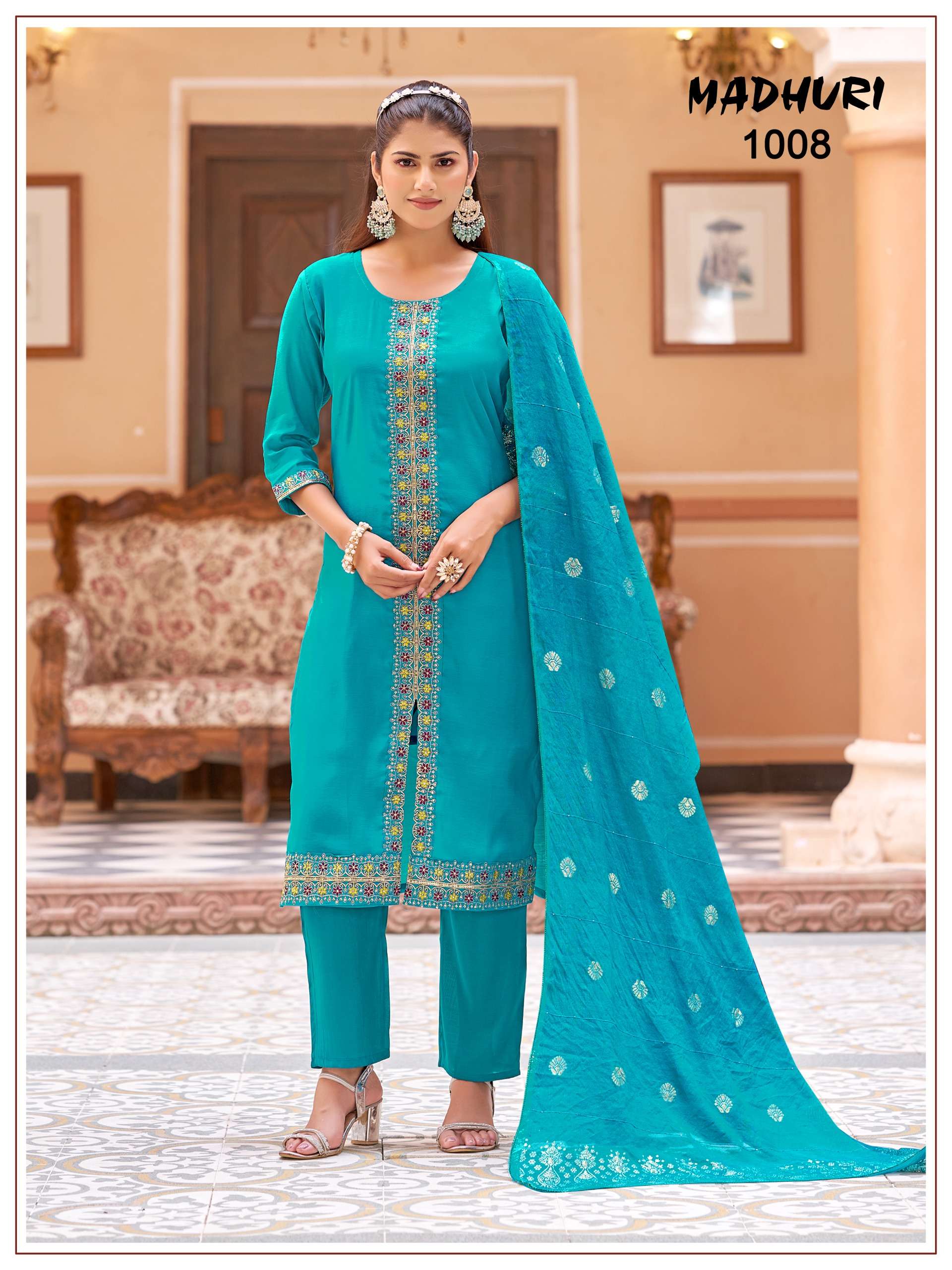 MUKESH MADHURI CHANDERI SILK HEAVY EMBROIDERY WORK KURTI BOTTOM AND DUPATTA SET 
