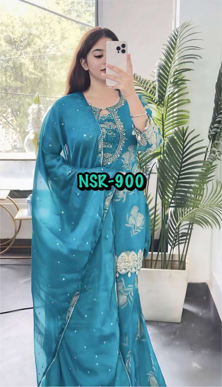 NSR 900 GEORGETTE DESIGNER PARTY WEAR LADIES TOP PLAZZO AND DUPATTA SET 
