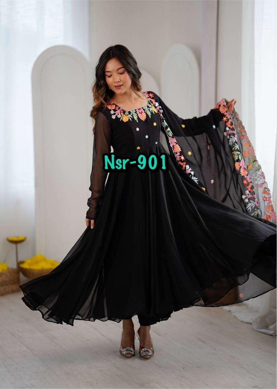 NSR 901 GEORGETTE SEQUENCE EMBROIDERY DESIGNER WORK ANARKALI STYLE GOWN PANT WITH DUPATTA 