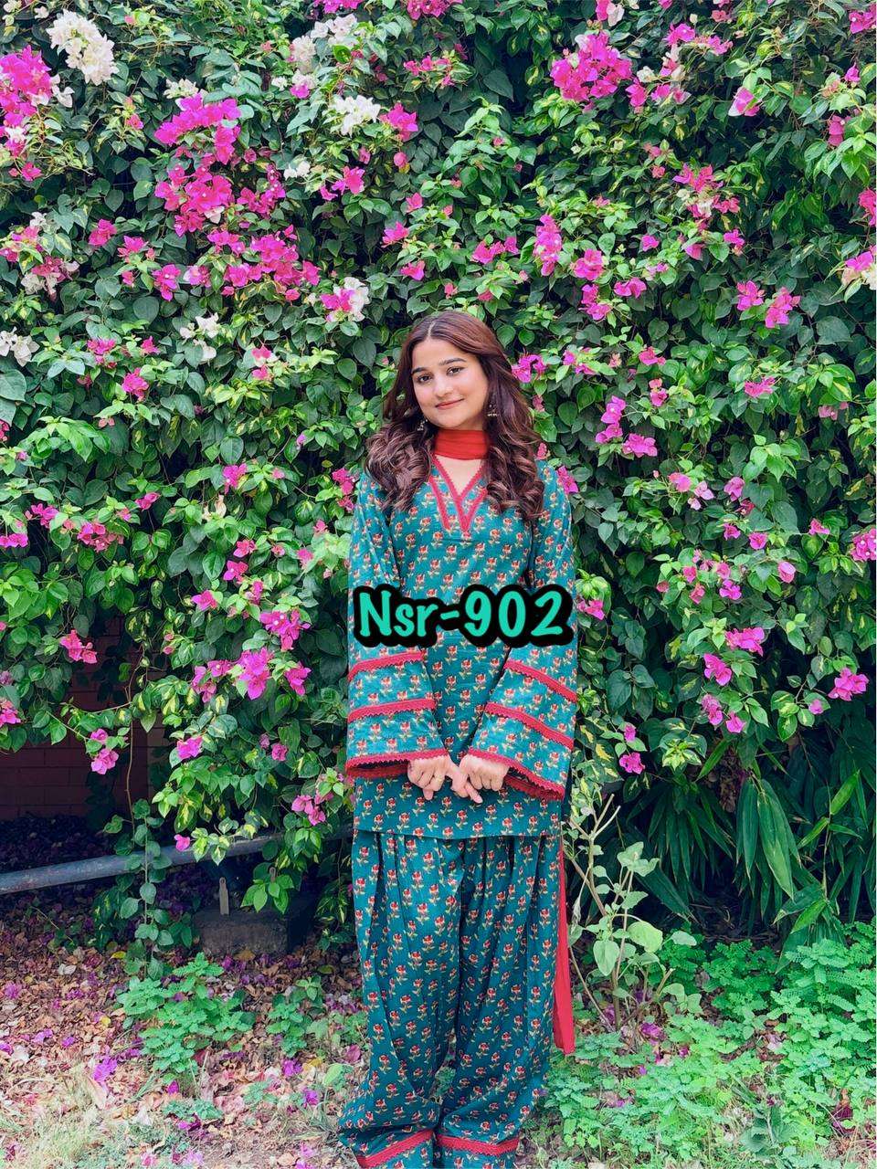 NSR 902 CREPE PRINTED FANCY WEAR LADIES TOP FARSHI PENT AND DUPATTA SET 