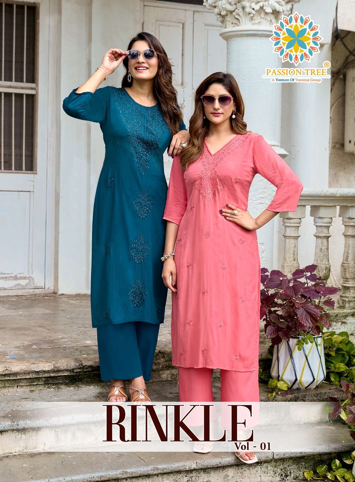 PASSION TREE RINKLE VOL 1 RAYON FANCY WORKS LADIES KURTI WITH PLAZZO PAIR 