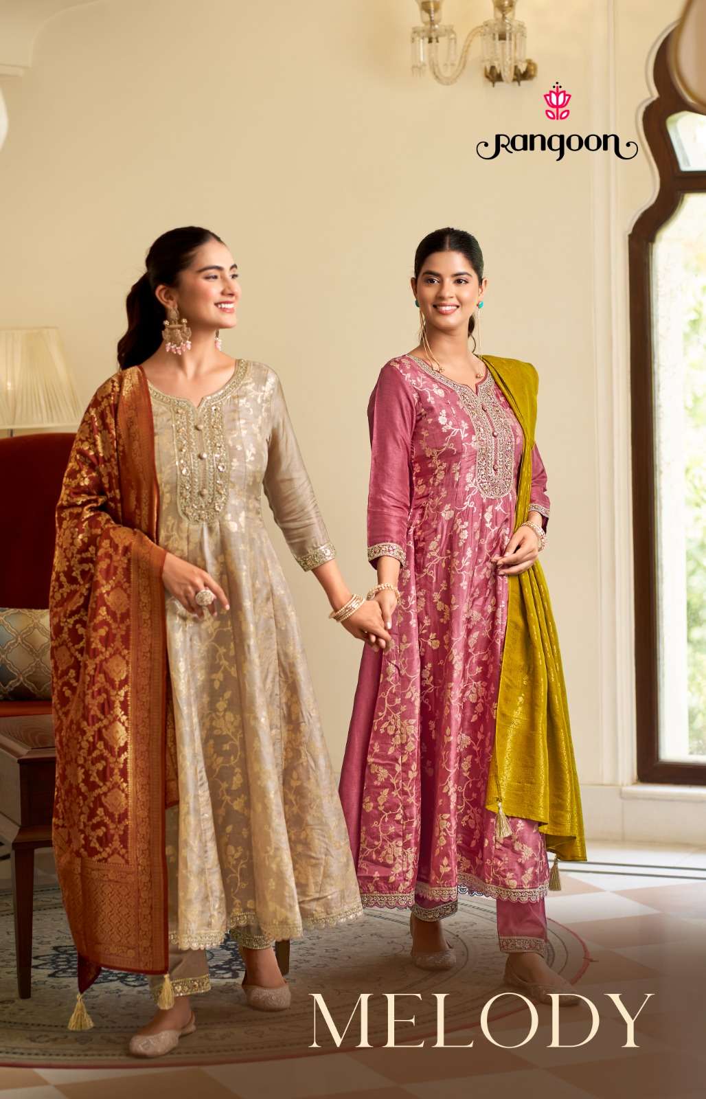 RANGOON MELODY JACQUARD DESIGNER WORK READY MADE ANARKALI STYLE SUIT